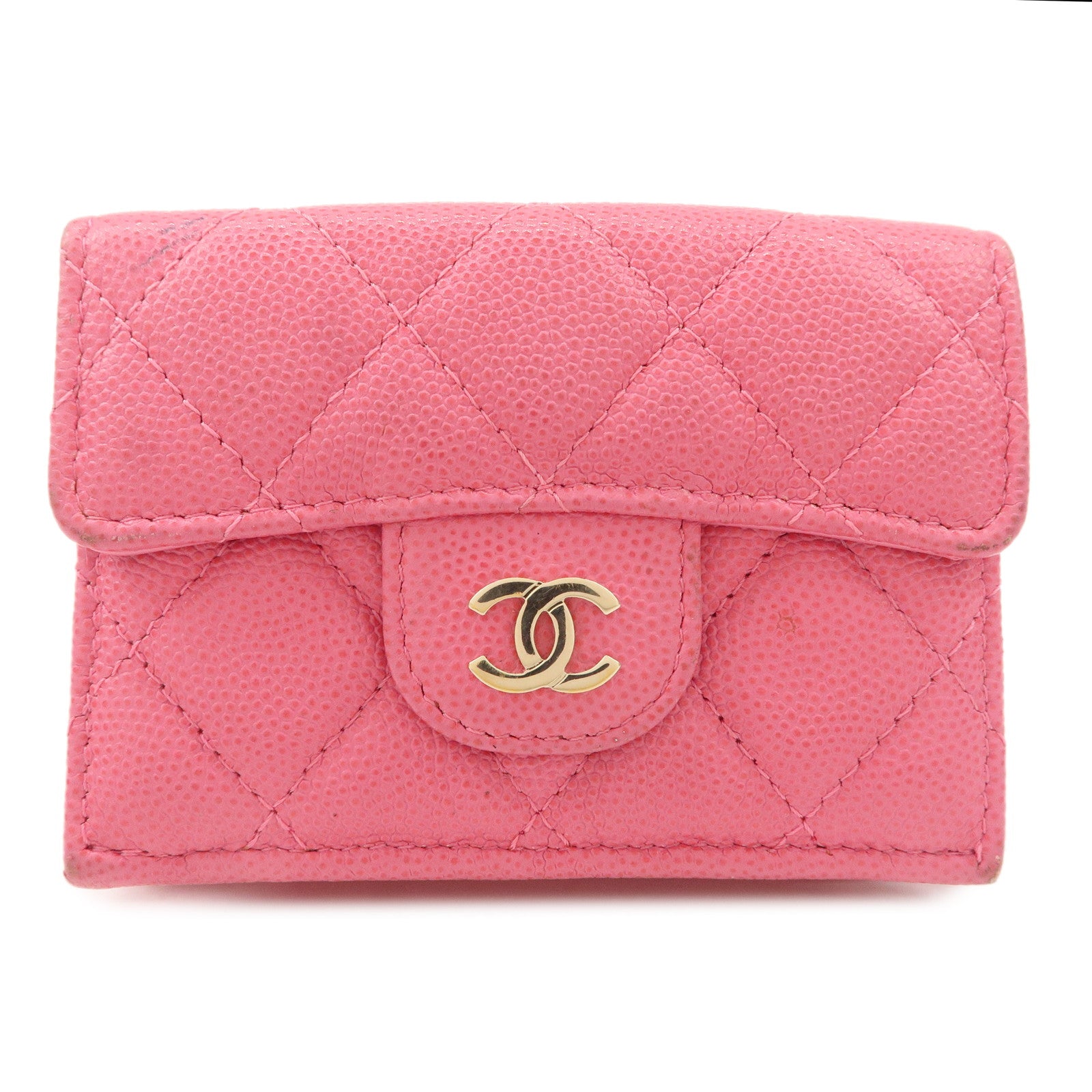 CHANEL-Matelasse-Caviar-Skin-Tri-Fold-Wallet-Pink-A84401