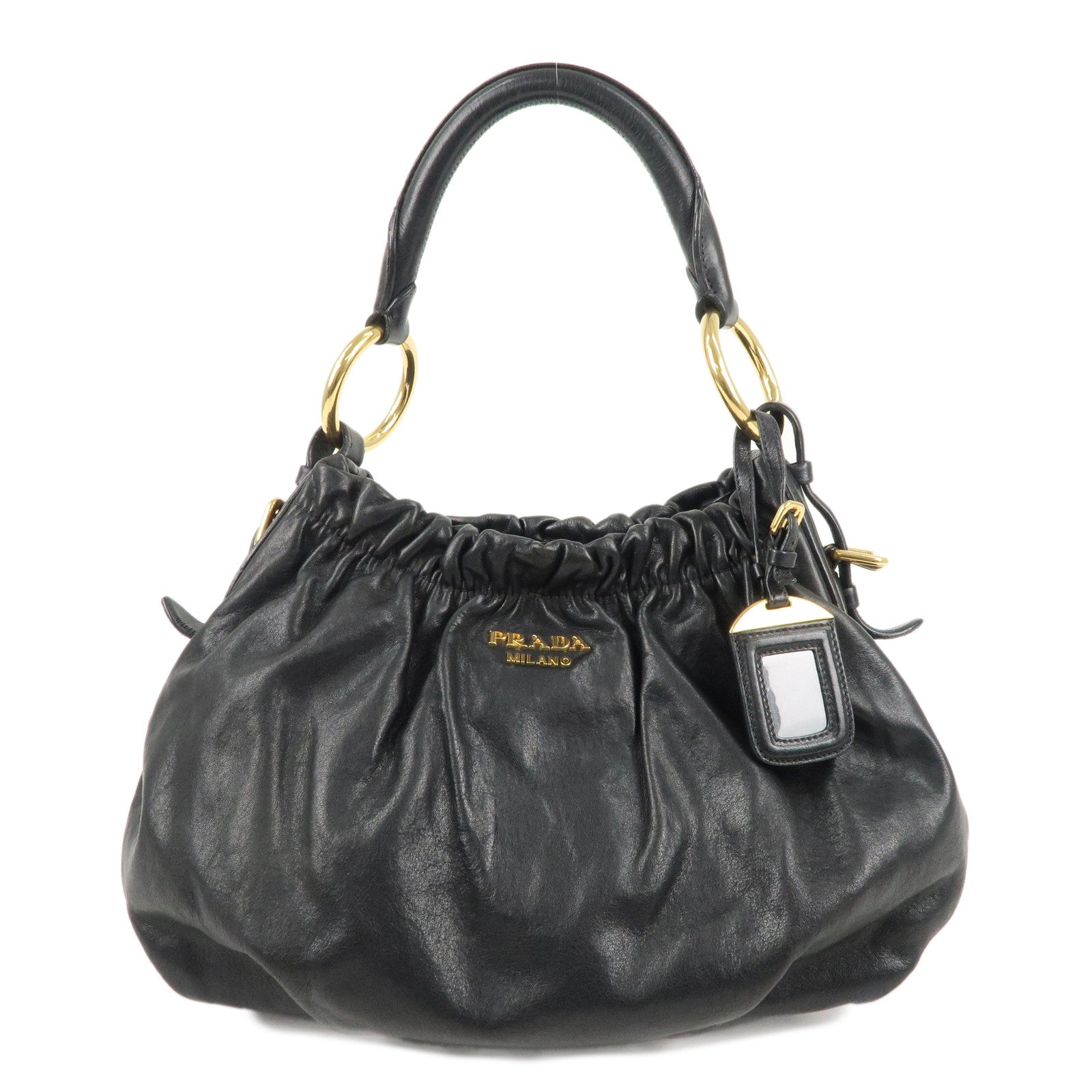 PRADA-Logo-Leather-Shoulder-Hand-Bag-Black-Gold-Hardware