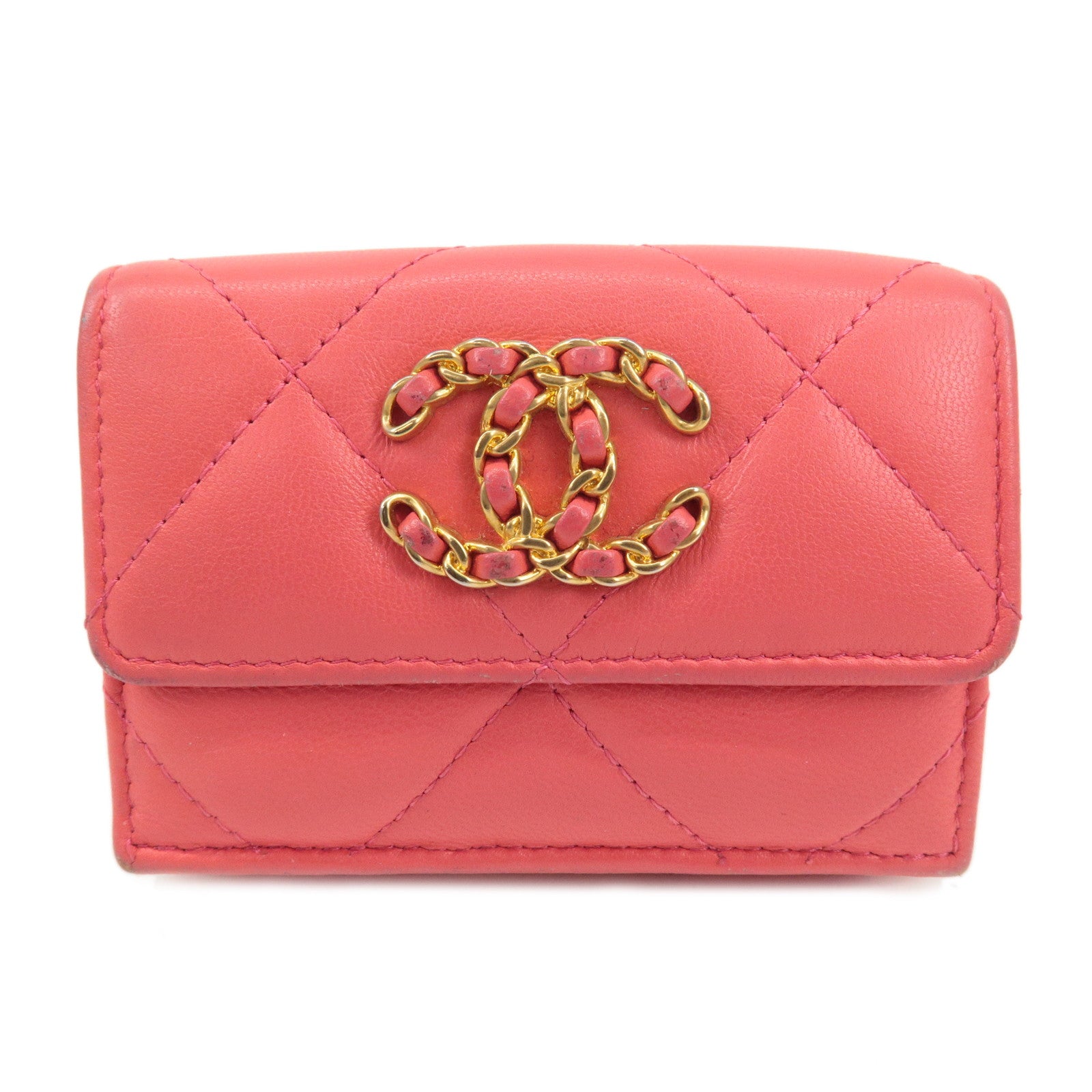 CHANEL-Matelasse-Lamb-Skin-Small-Tri-fold-Wallet-Pink-AP1789