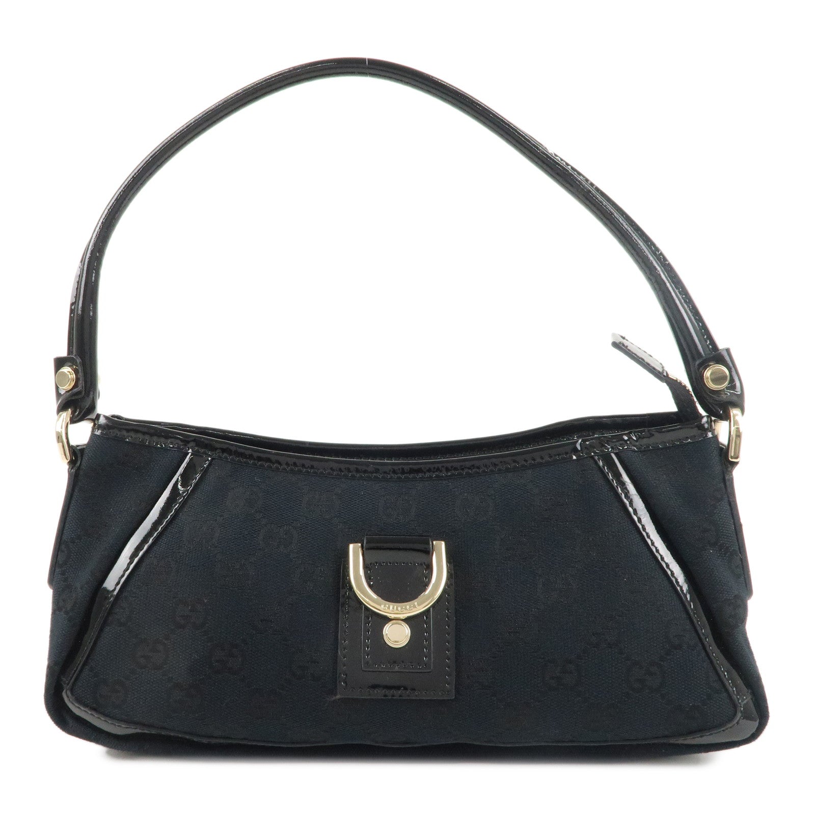 GUCCI-Abbey-GG-Canvas-Patent-Leather-Shoulder-Bag-Black-130939