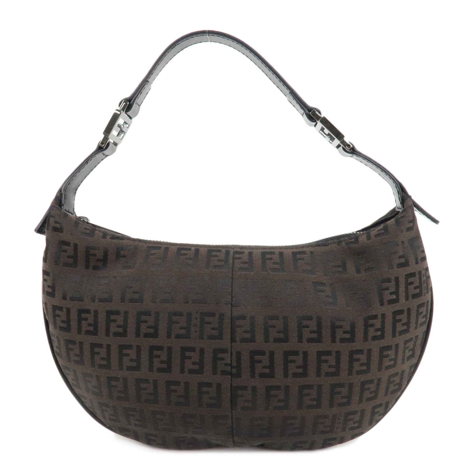 FENDI-Zucchino-Canvas-Leather-Shoulder-Bag-Brown-Black-8BR440