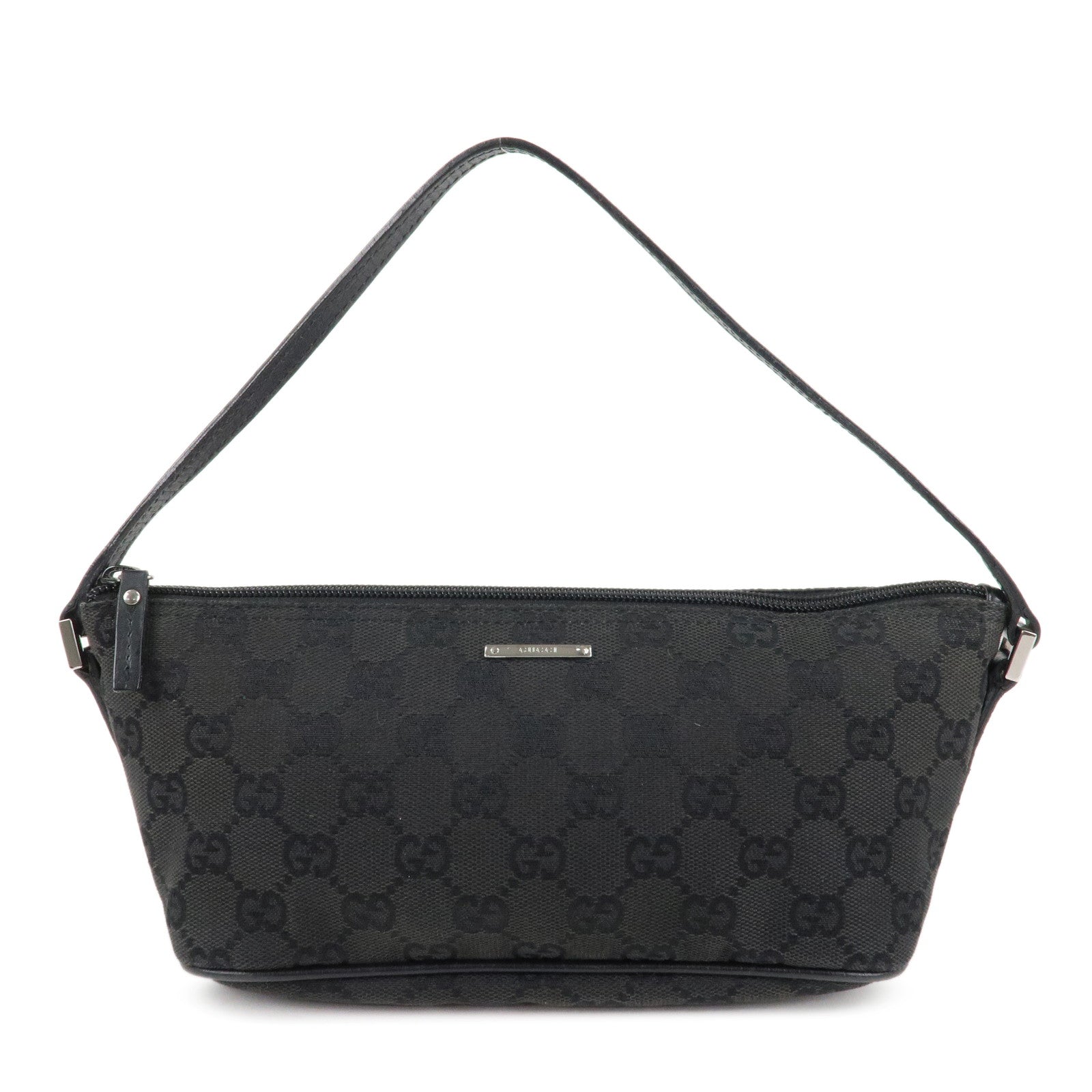 GUCCI-Boat-Bag-GG-Canvas-Leather-Hand-Bag-Pouch-BlacK-7198