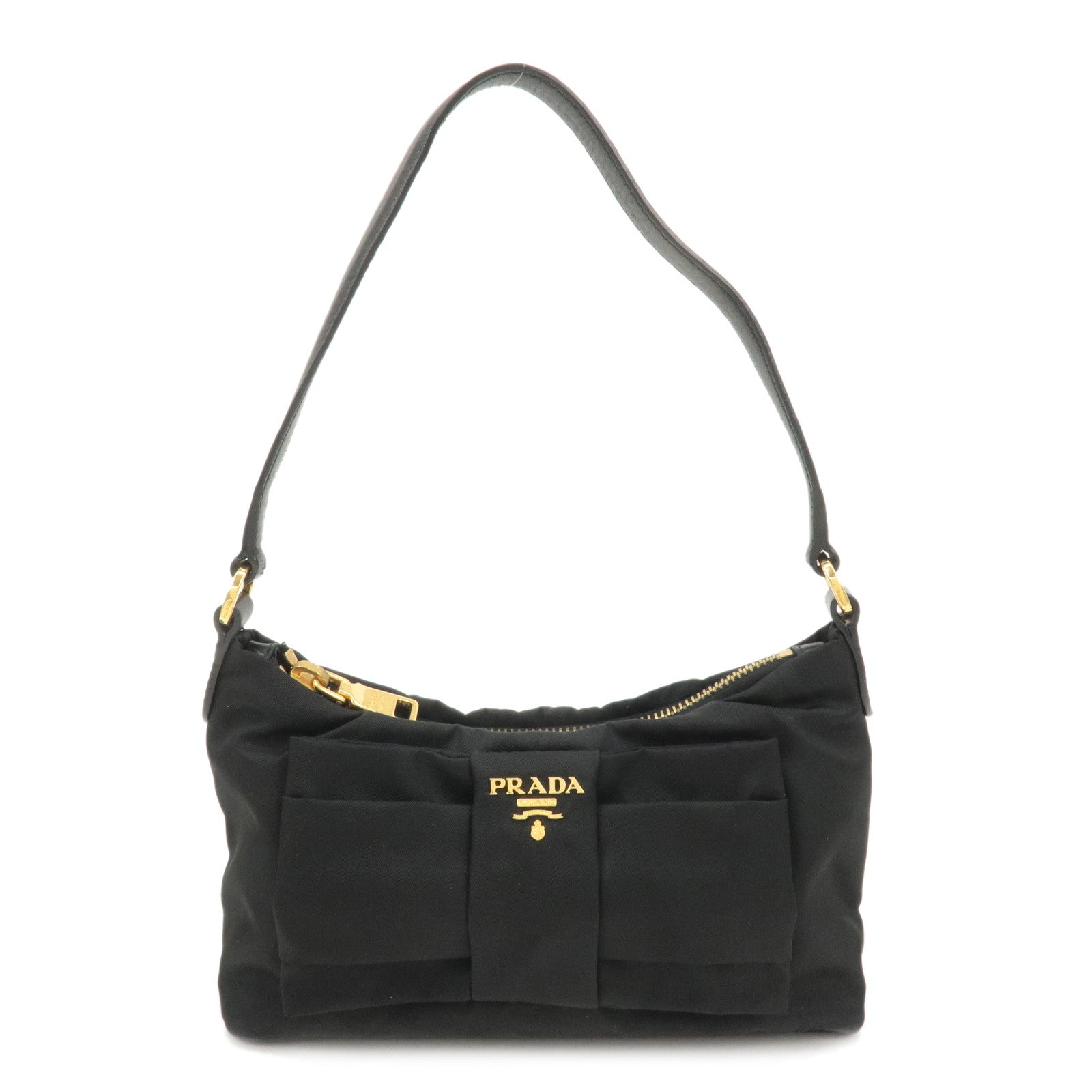 PRADA-Nylon-Leather-Ribbon-Hand-Bag-Pouch-Nero-Black-1N1439