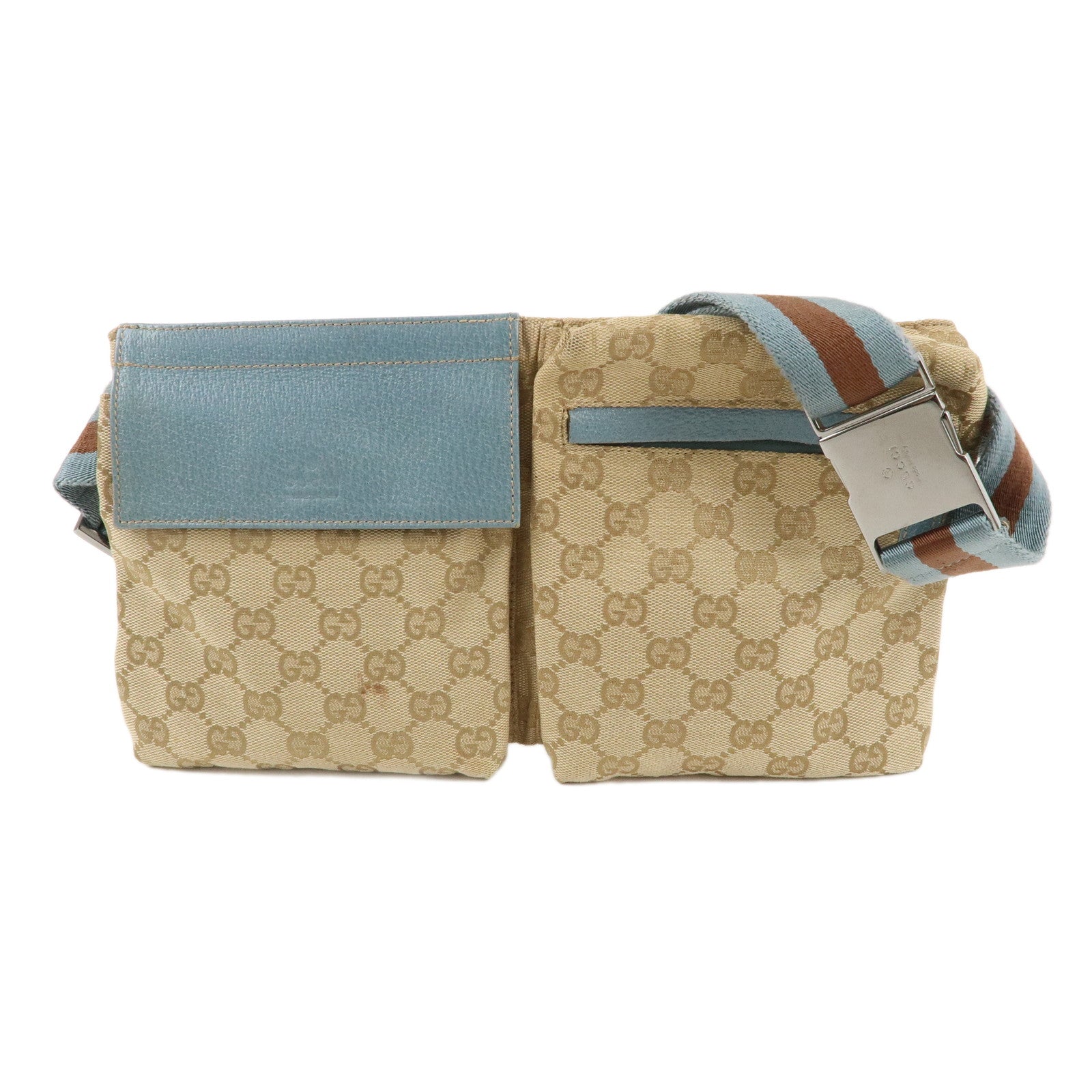 GUCCI Sherry GG Canvas Leather Waist Bag Beige Blue 28566