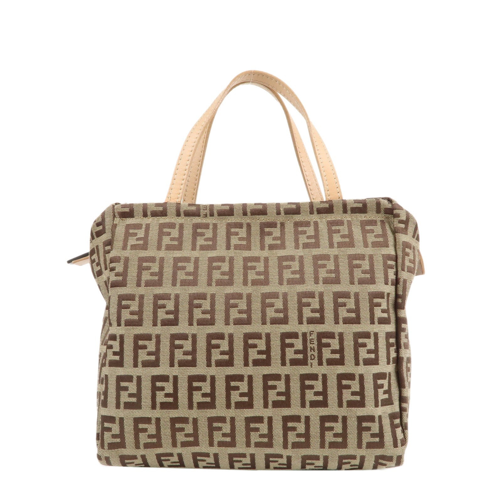 FENDI-Zucchino-Canvas-Leather-Mini-Hand-Bag-Beige-Brown-8N000