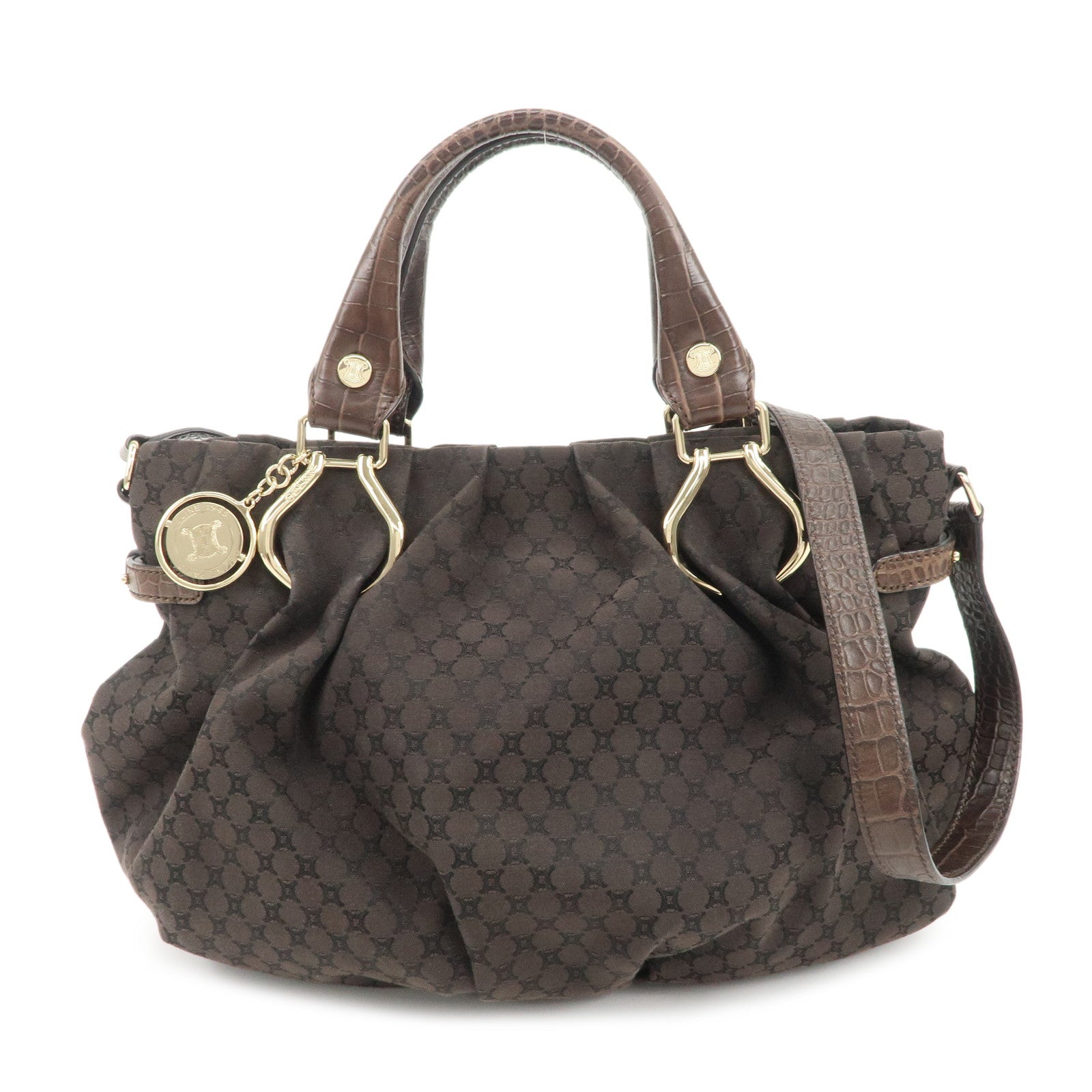 CELINE-Macadam-Canvas-Leather-2Way-Bag-Gold-Charm-Dark-Brown