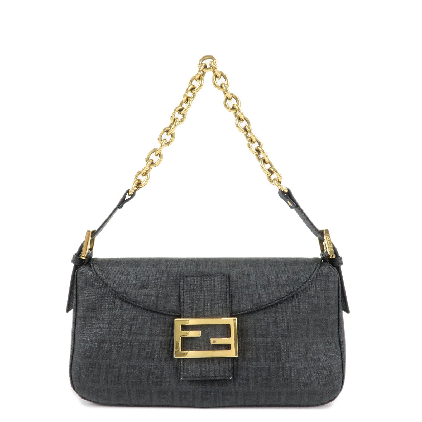 FENDI-Zucchino-PVC-Leather-Chain-Shoulder-Bag-Gray-Black-8BR003