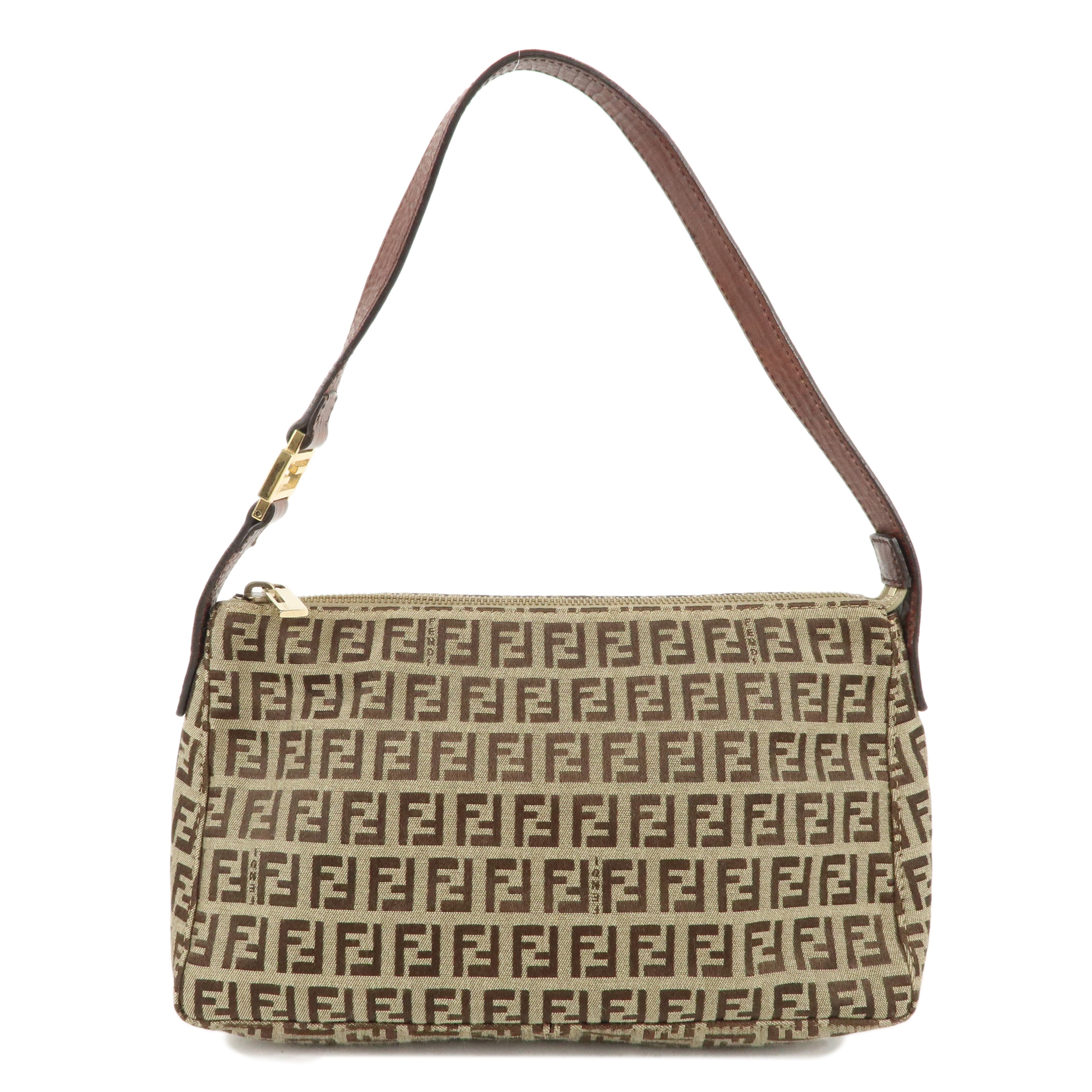 FENDI Zucchino Canvas Leather One Shoulder Bag Beige Brown 8BR444