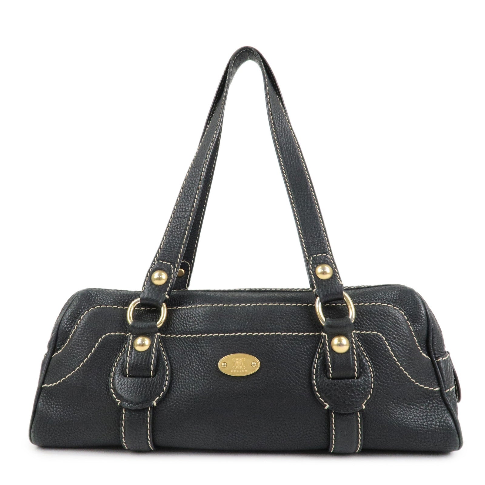 CELINE-Leather-Macadam-Engraved-Boston-Bag-Shoulder-Bag-Black