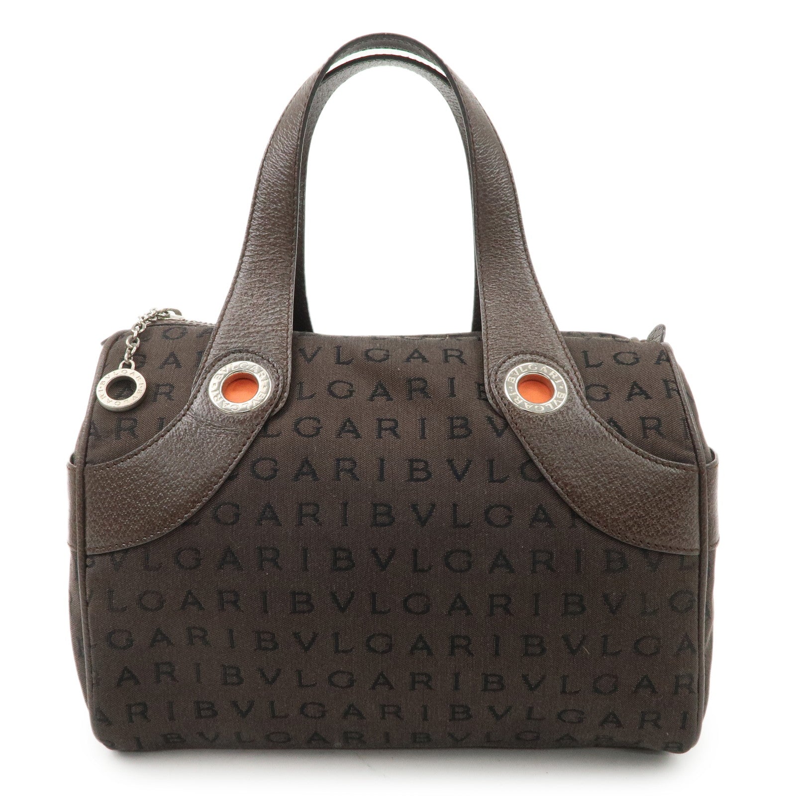 BVLGARI-Logo-Mania-Canvas-Leather-Mini-Boston-Bag-Dark-Brown