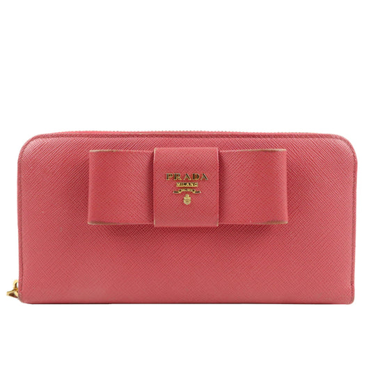 PRADA-Saffiano-Leather-Ribbon-Round-Zipper-Long-Pink-Wallet