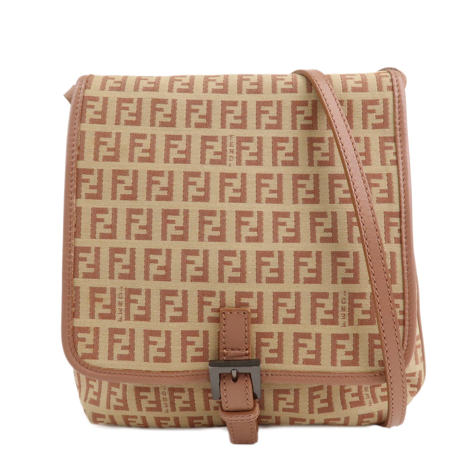 FENDI-Zucchino-Canvas-Leather-Shoulder-Bag-Beige-Pink-8BT052