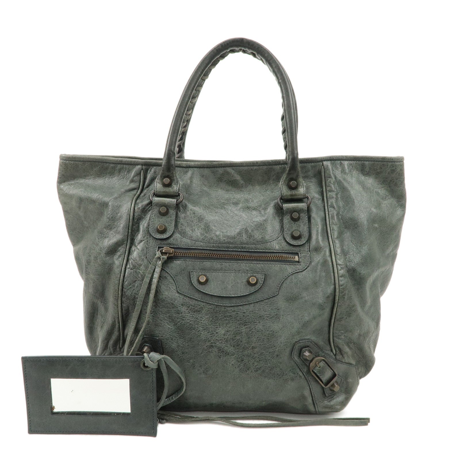 BALENCIAGA-Leather-The-Sunday-Tote-Hand-Bag-Dark-Green-228750