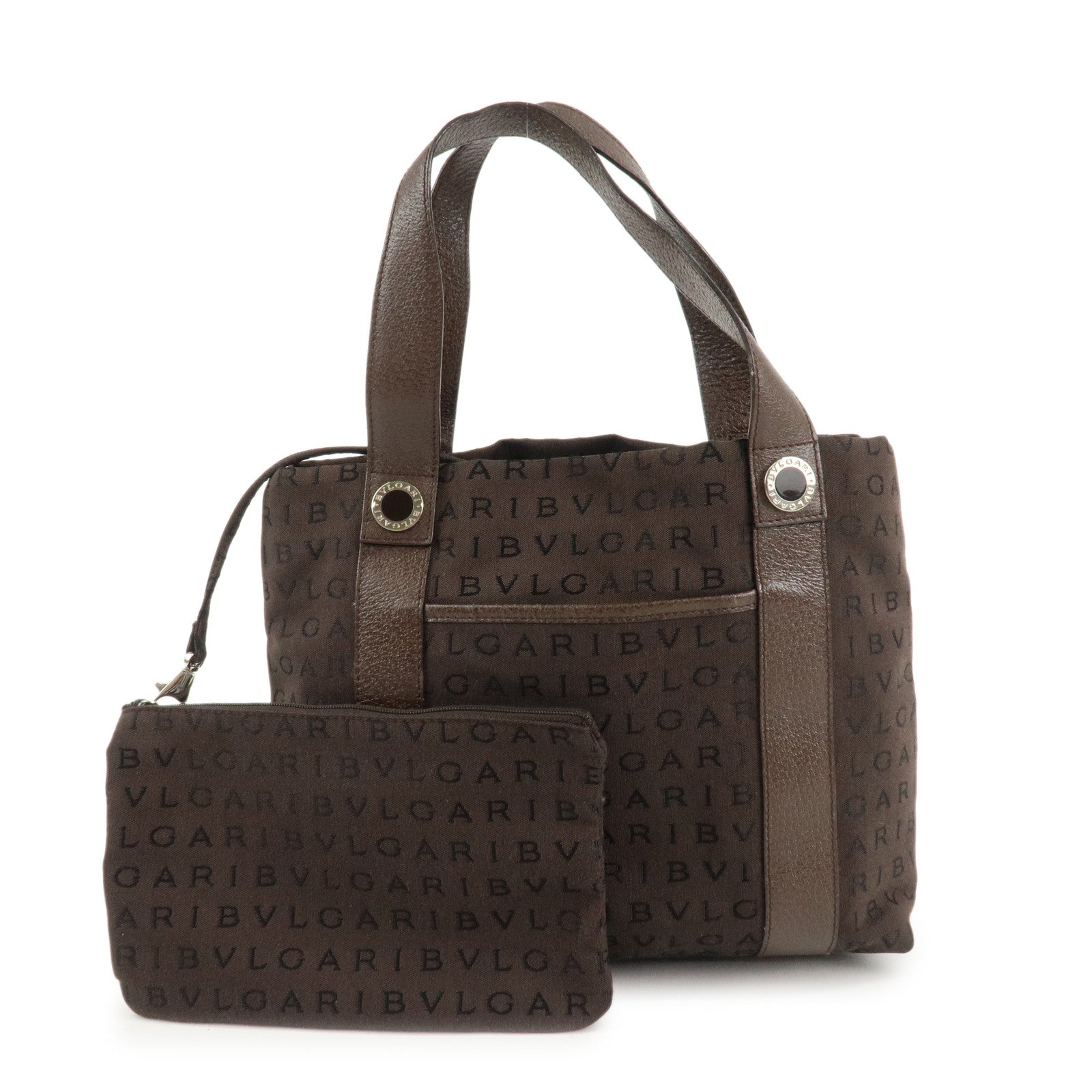 BVLGARI-Logomania-Canvas-Leather-Shoulder-Bag-Dark-Brown