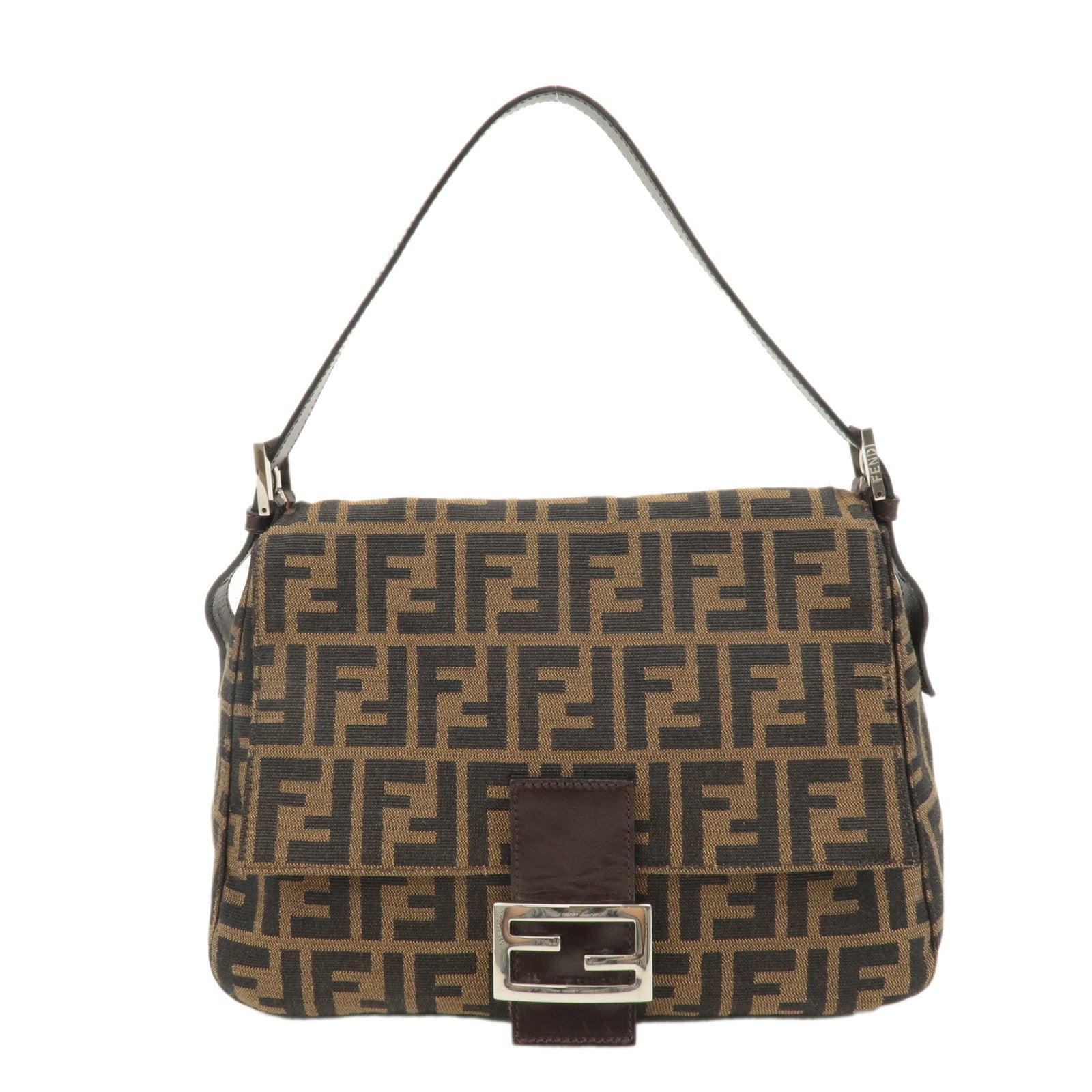 FENDI Mamma Baguette Zucca Canvas Leather Bag Brown Black 26325