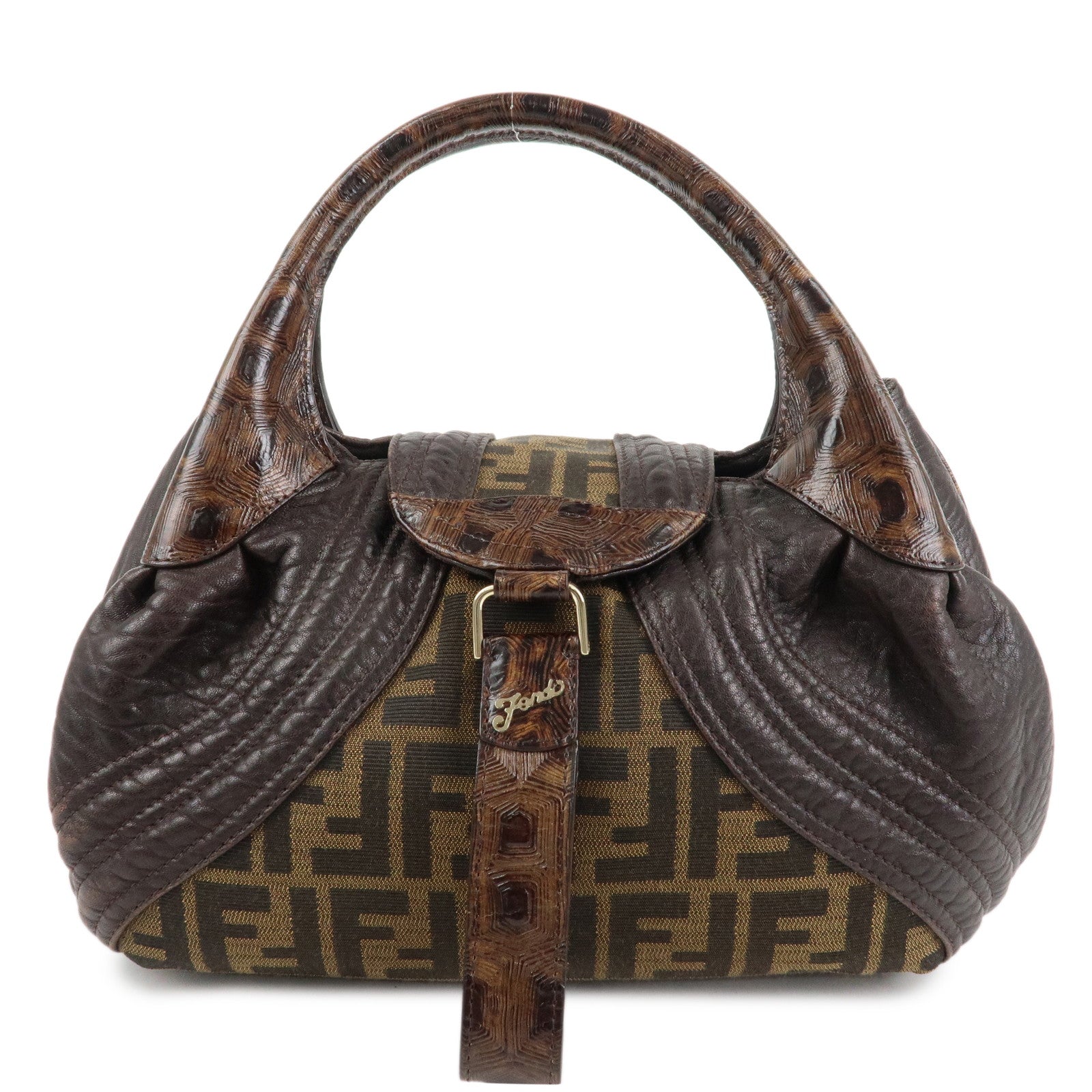 FENDI Zucca Mini Spy Canvas Leather Hand Bag Brown Black 8BR589