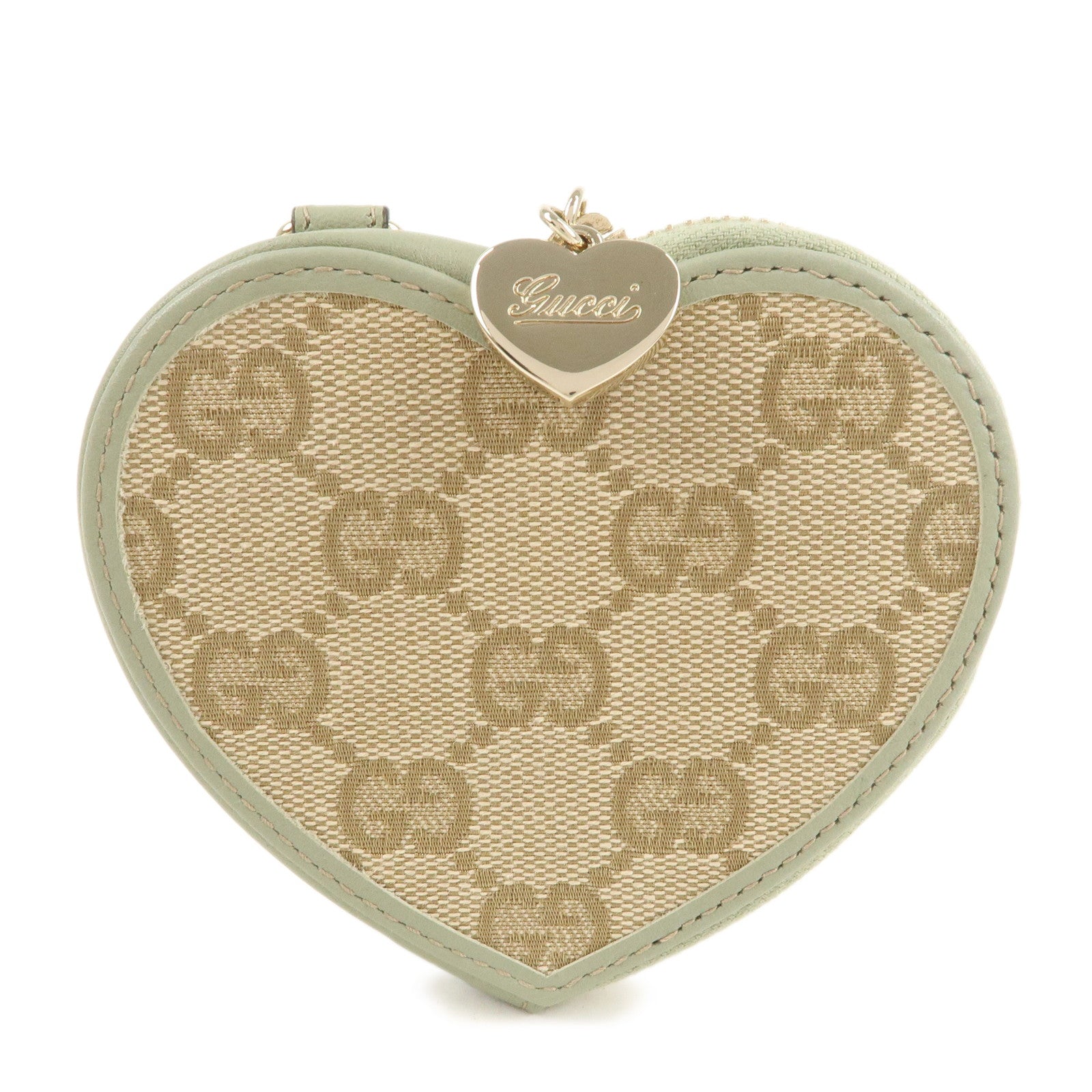 GUCCI GG Canvas Leather Heart Coin Case Wallet Light Green 152615