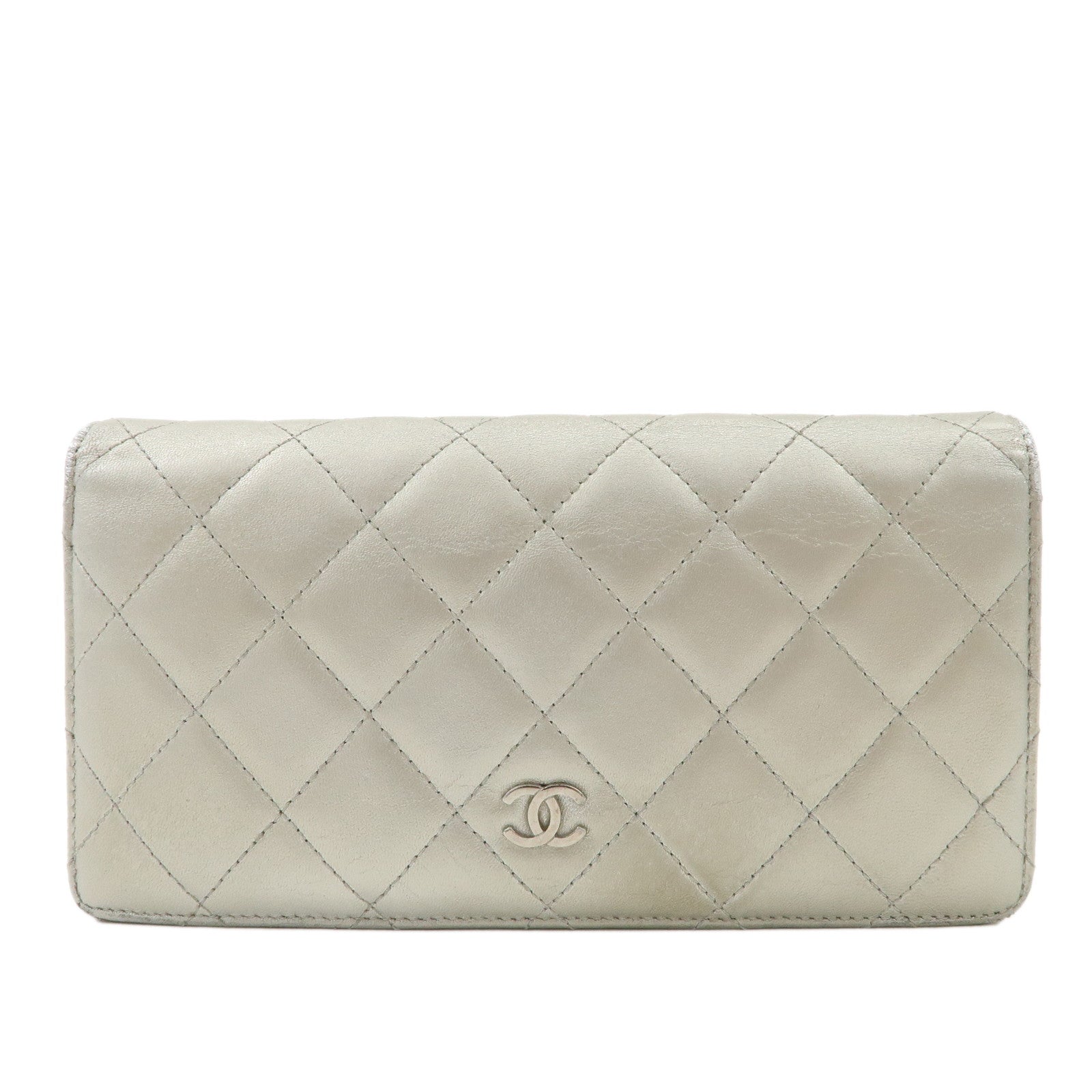 CHANEL-Matelasse-Lamb-Skin-Bi-fold-Long-Wallet-Silver-A31509