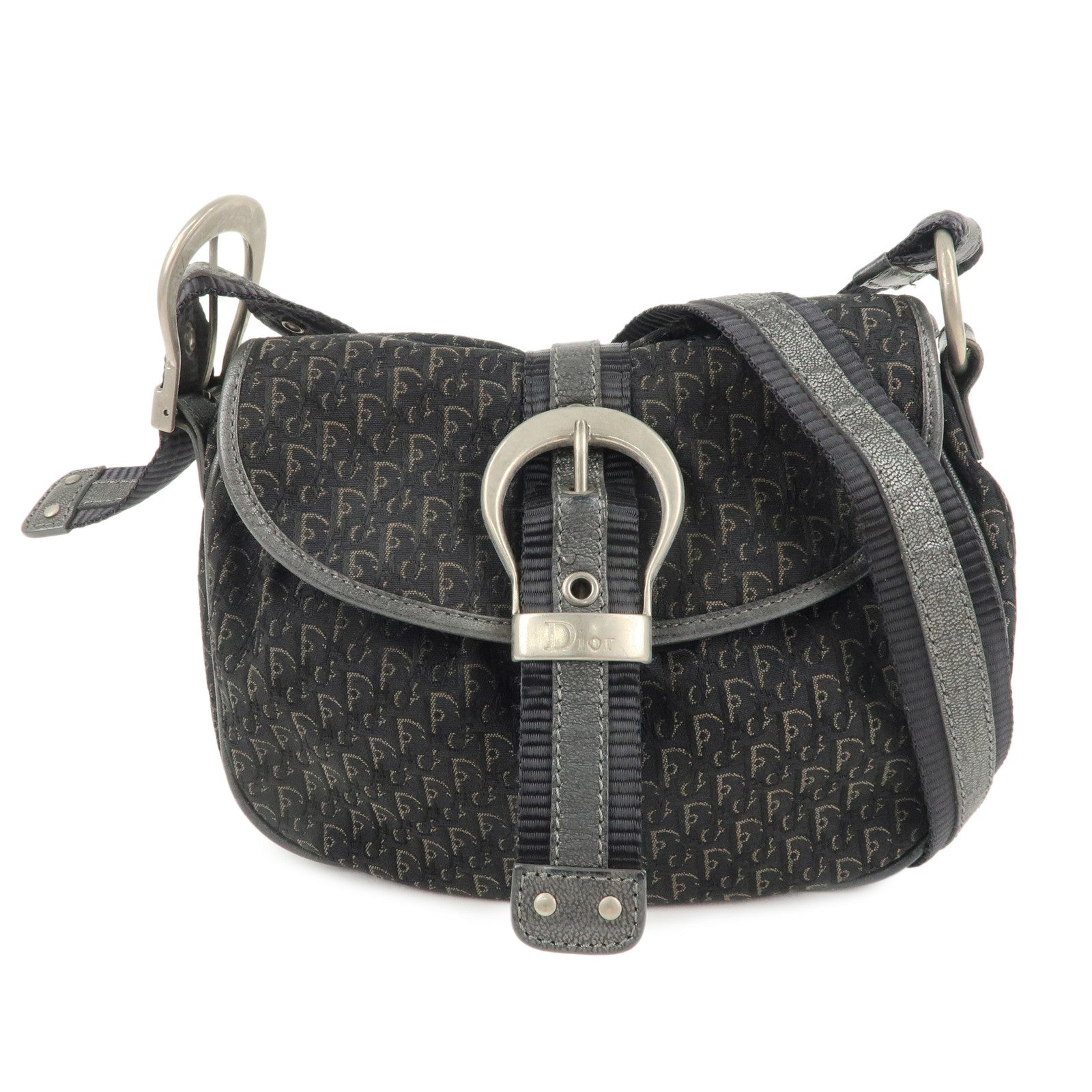 Christian-Dior-Trotter-Canvas-Leather-Shoulder-Bag-Black