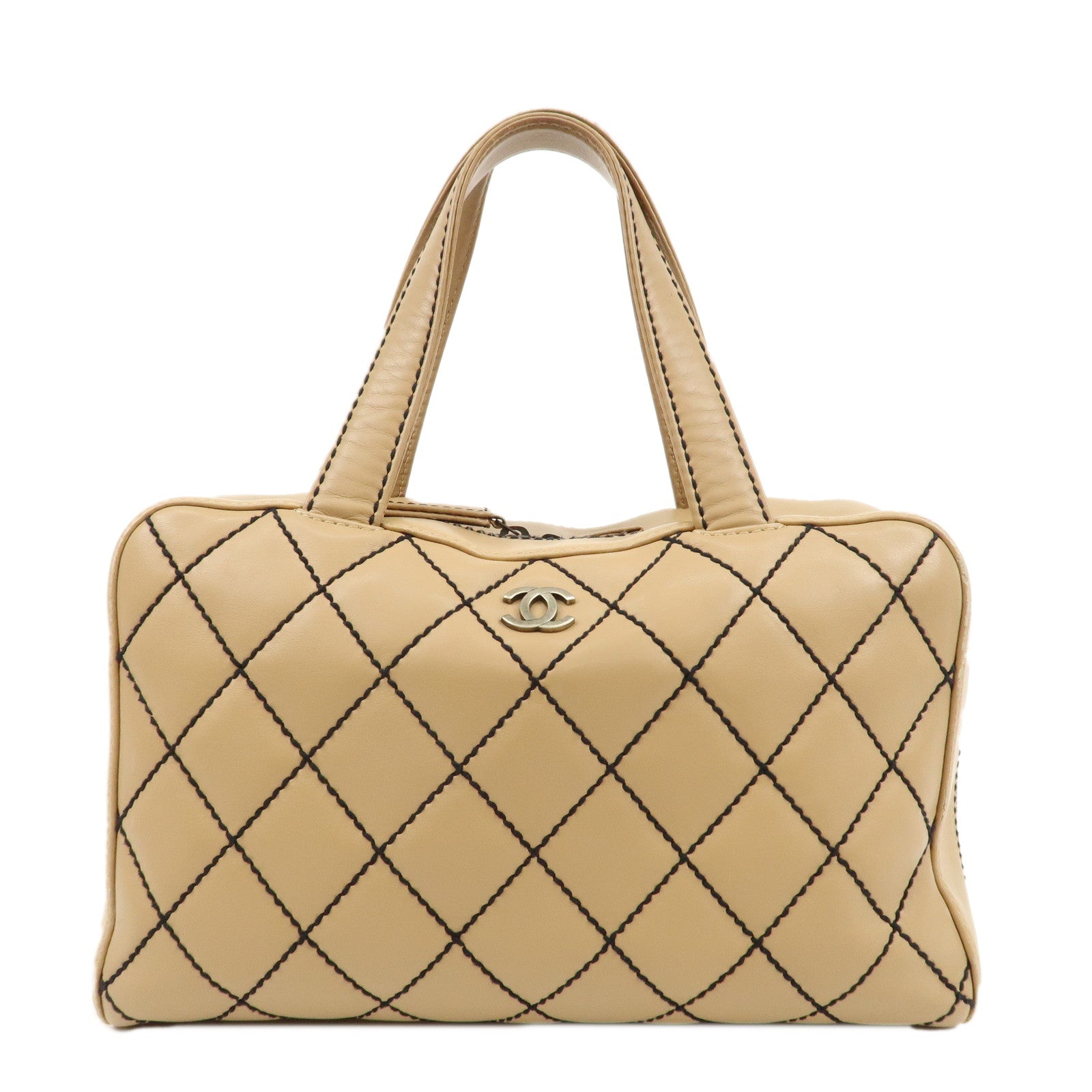 CHANEL-Wild-Stitch-Lamb-Skin-Coco-Mark-Hand-Bag-Beige-A14692