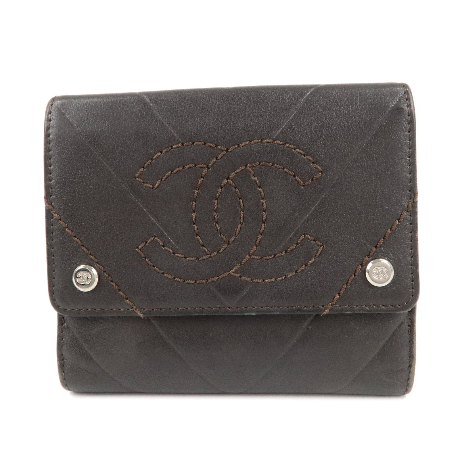 CHANEL-Lamb-Skin-Coco-Mark-Double-Hook-Wallet-Dark-Brown