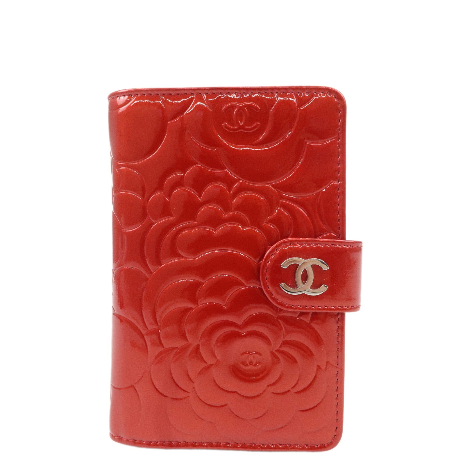 CHANEL-Camellia-Patent-Leather-Bi-fold-Wallet-Red