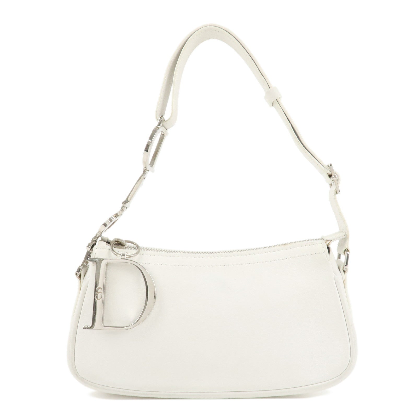 Christian-Dior-Canvas-Leather-Logo-Charm-Hand-Bag-White