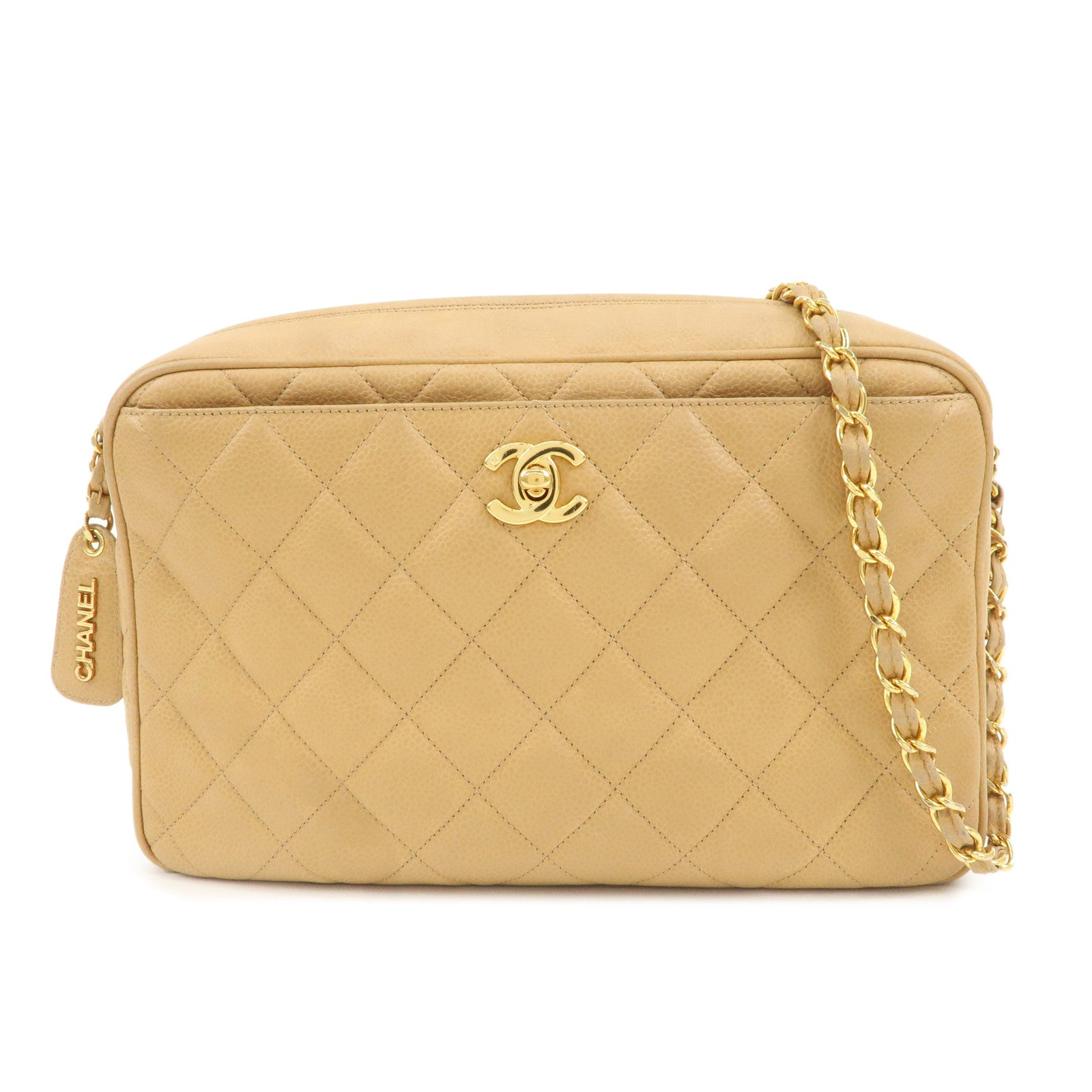 CHANEL-Caviar-Skin-Coco-Mark-Chain-Shoulder-Bag-Beige-Gold