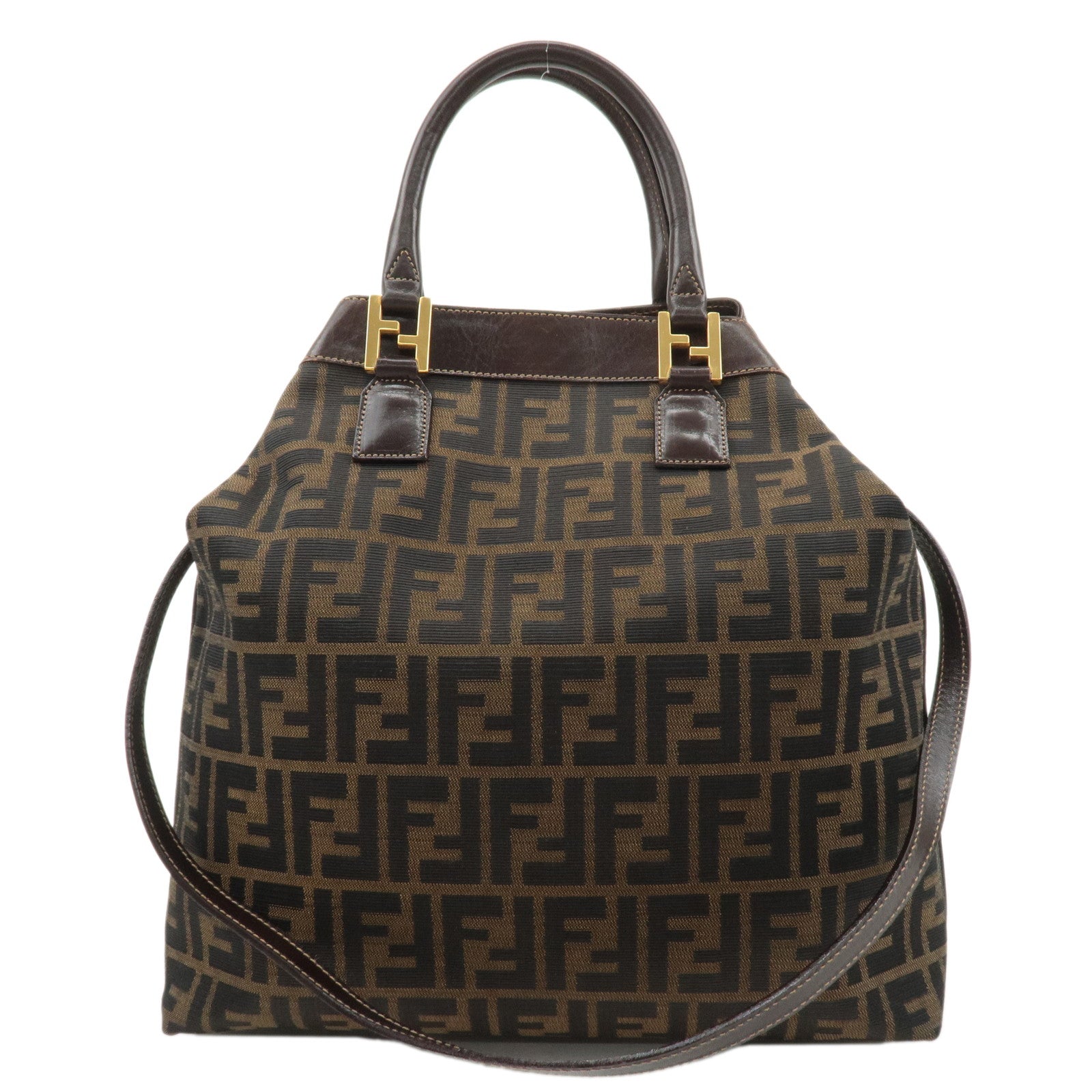 FENDI-Zucca-Canvas-Leather-2Way-Bag-Khaki-Brown-Black-15096