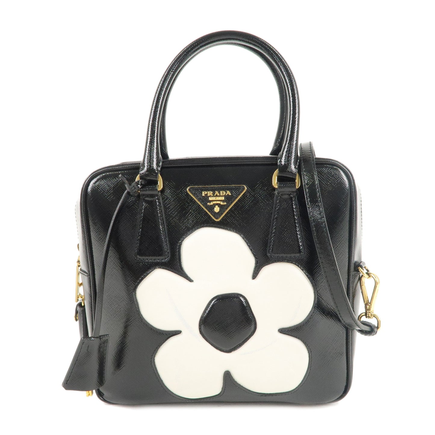 PRADA Saffiano Vernis Leather Flower 2Way Shoulder Hand Bag Black