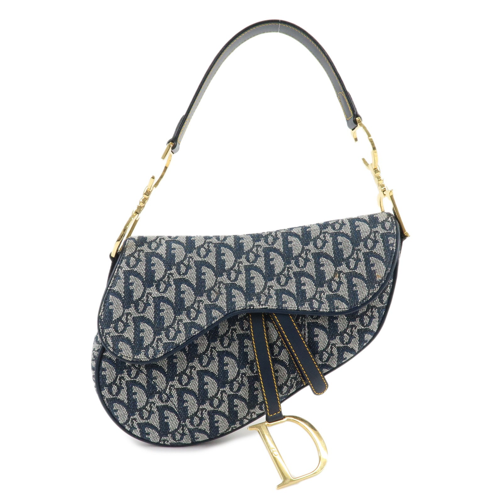 Christian-Dior-Trotter-Jacquard-Leather-Saddle-Shoulder-Bag-Navy