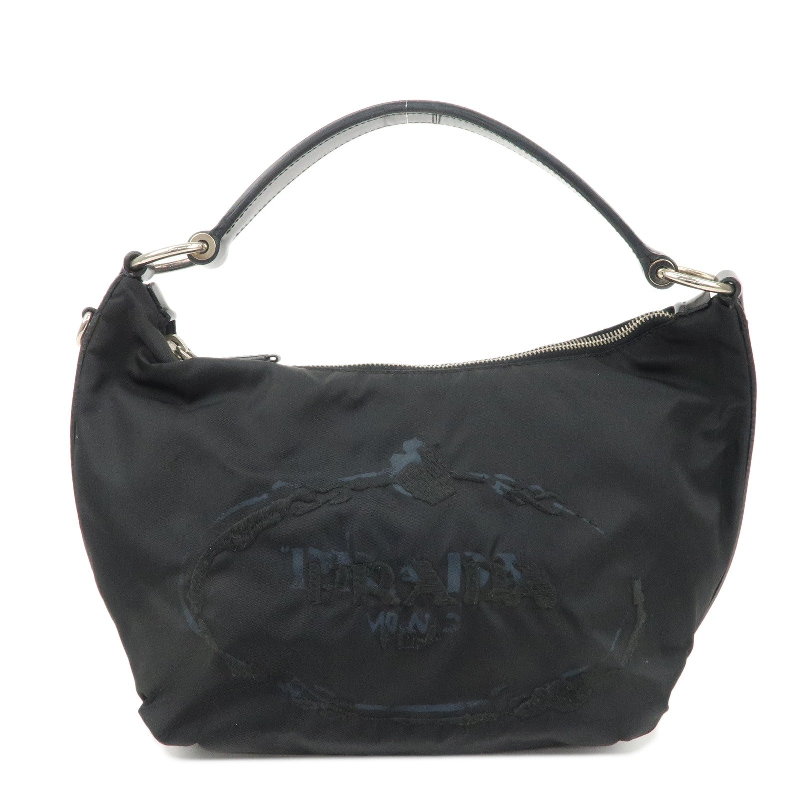 PRADA-Nylon-Leather-Embroidery-Shoulder-Bag-Hand-Bag-Black