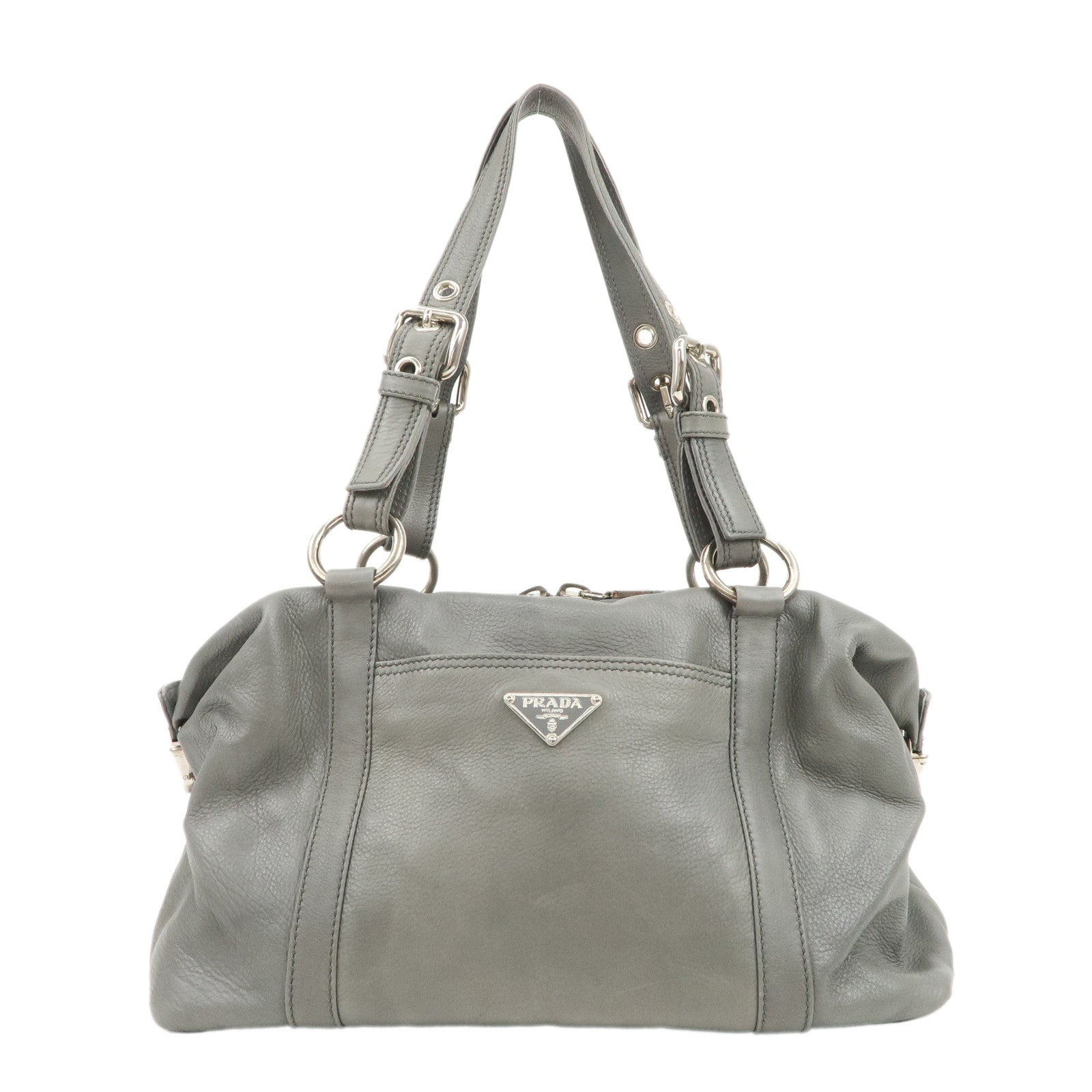 PRADA-Leather-Boston-Bag-Shoulder-Bag-Gray-Silver-Hardware