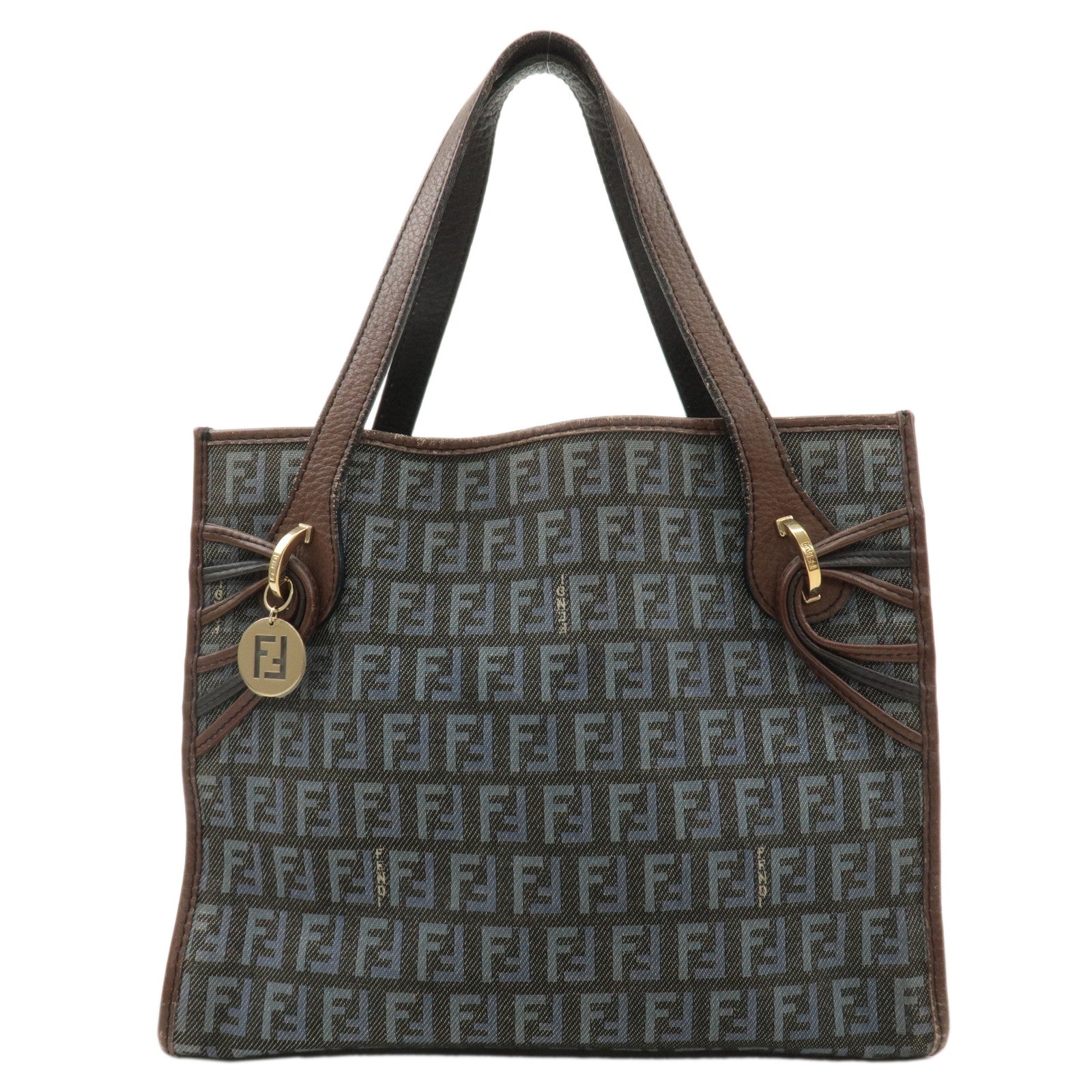 FENDI-Zucchino-Canvas-Leather-Tote-Bag-Brown-Blue-Black-8BH152