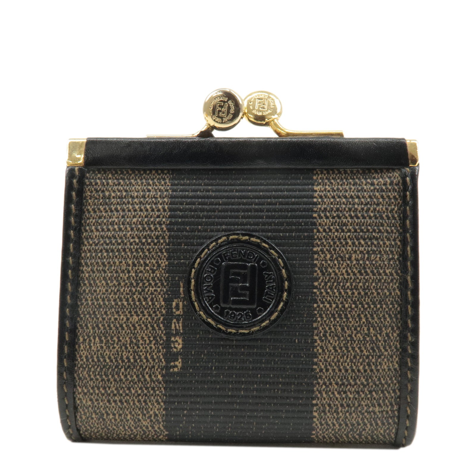 FENDI-Pequin-PVC-Leather-Coin-Case-Black-Brown-30900