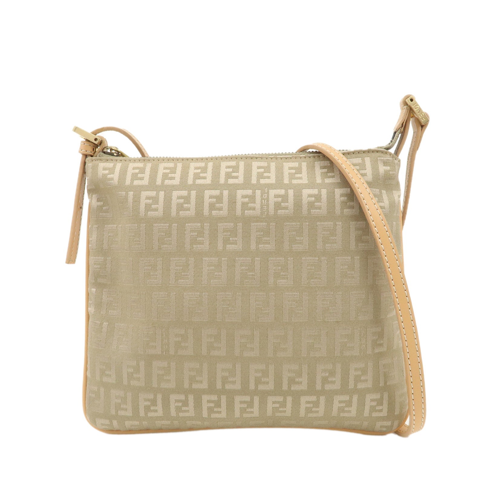 FENDI-Zucchino-Canvas-Leather-Shoulder-Bag-Beige