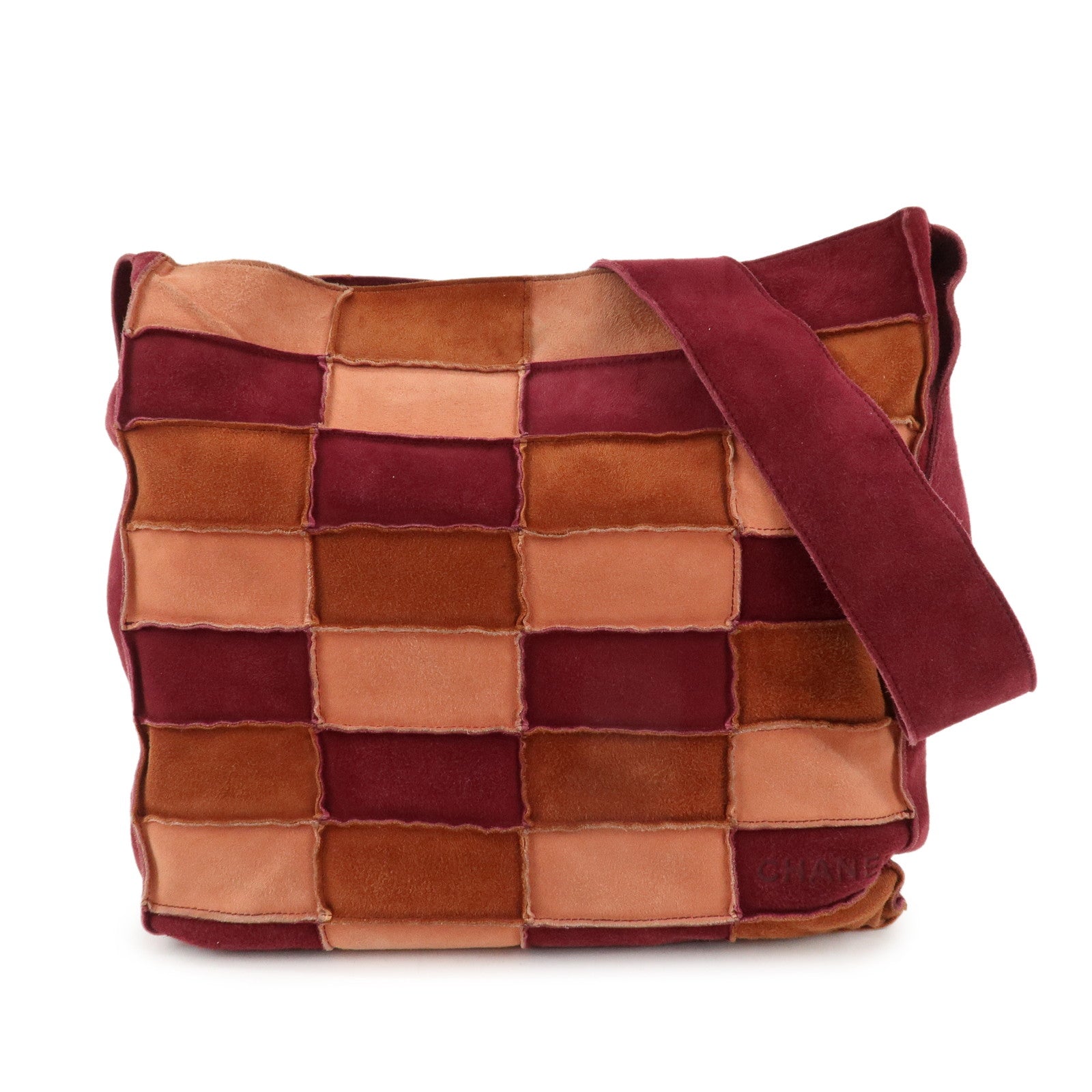 CHANEL-Suede-Patchwork-Shoulder-Bag-Beige-Brown-Wine-Red