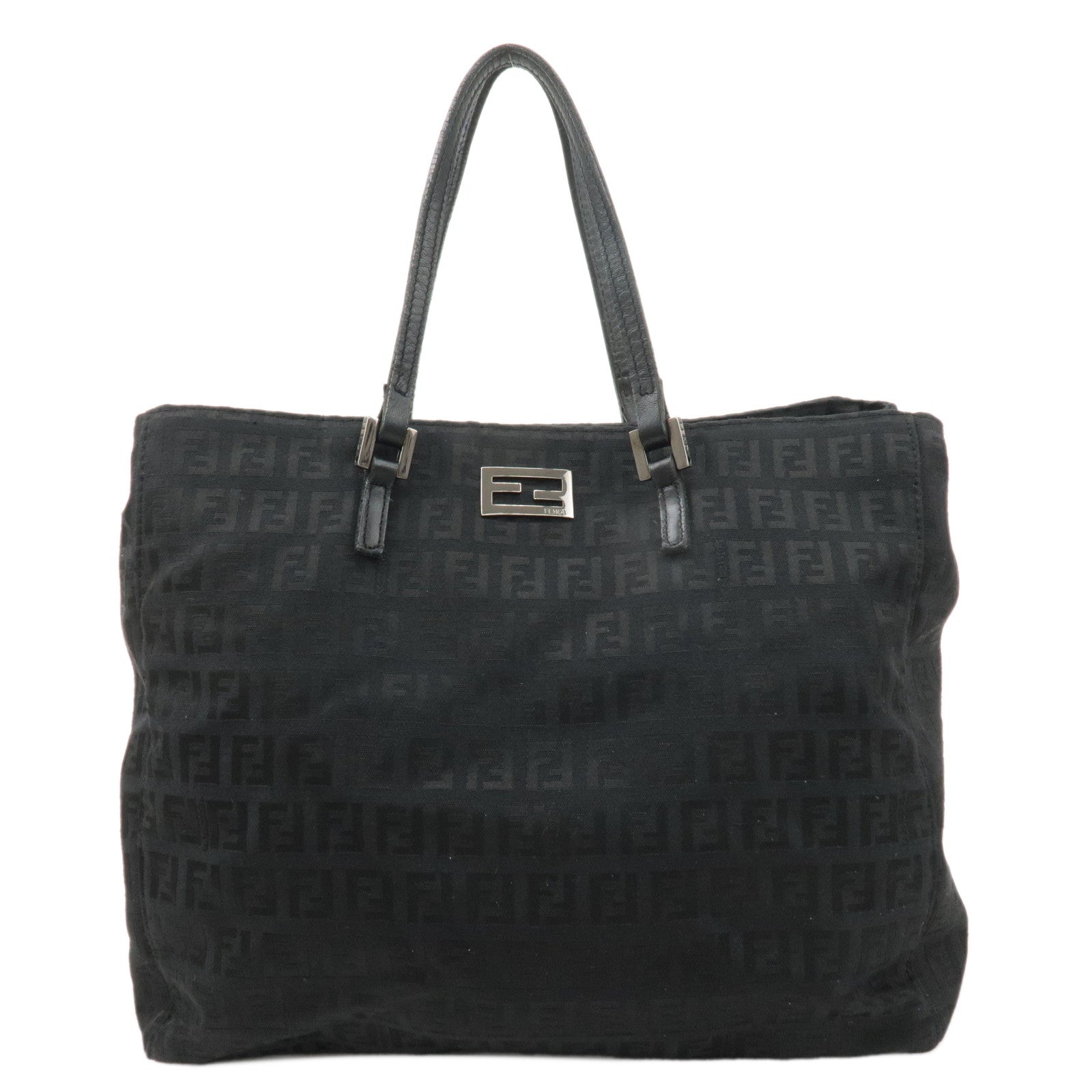 FENDI-Zucchino-Canvas-Leather-Hand-Bag-Tote-Bag-Black-8BH133