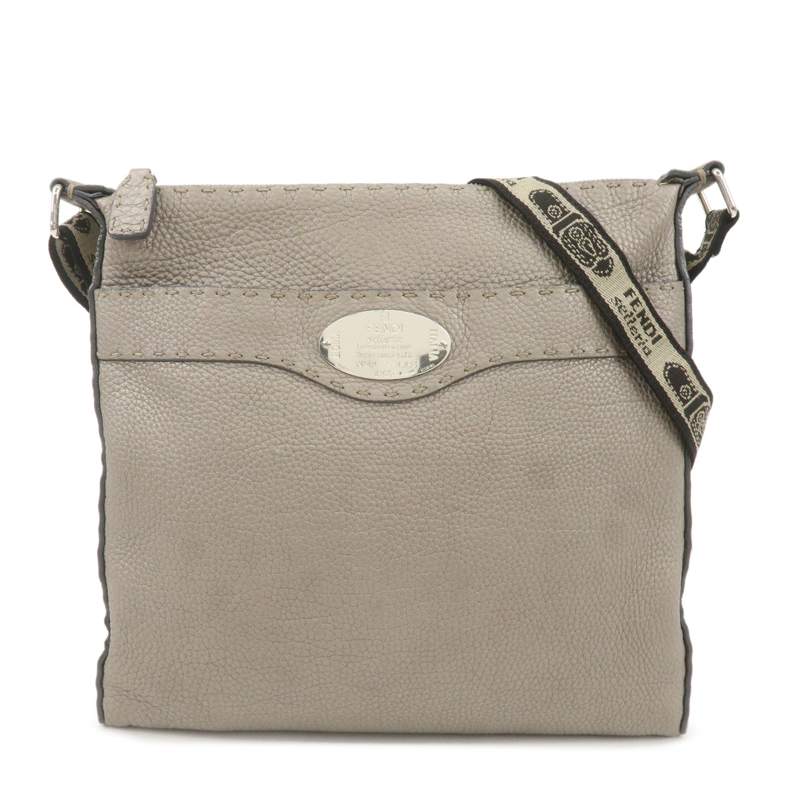 FENDI-Selleria-Leather-Shoulder-Bag-Crossbody-Bag-Gray-8BT109