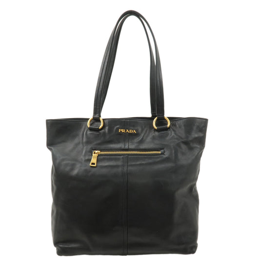 PRADA-Logo-Leather-Tote-Bag-Shoulder-Bag-Black-Gold-Hardware