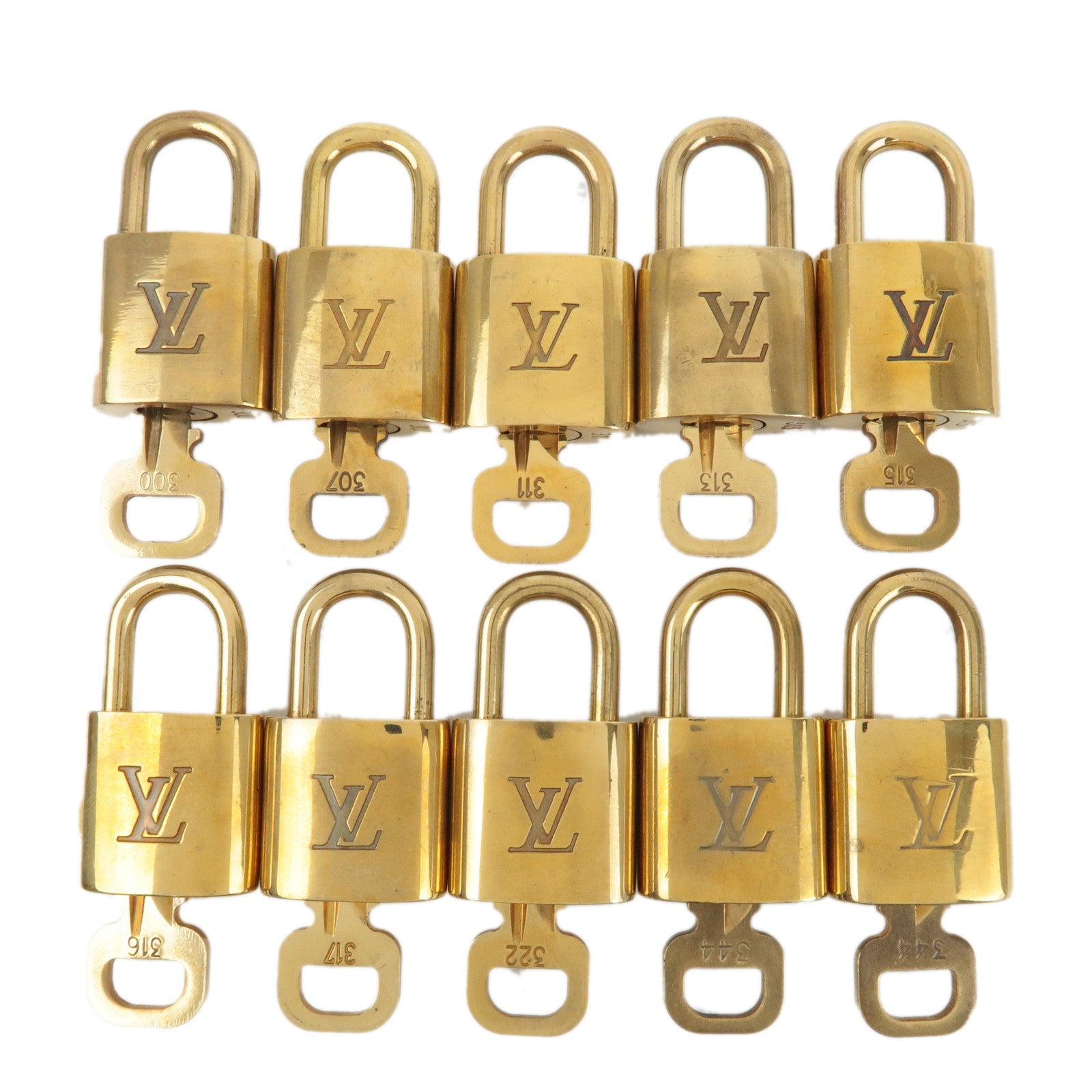 Louis-Vuitton-Set-of-10-Lock-&-Key-Cadena-Key-Lock-Gold