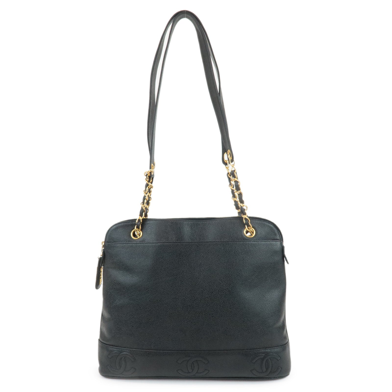 CHANEL-Triple-COCO-Caviar-Skin-Chain-Tote-Bag-Shoulder-Bag-Black