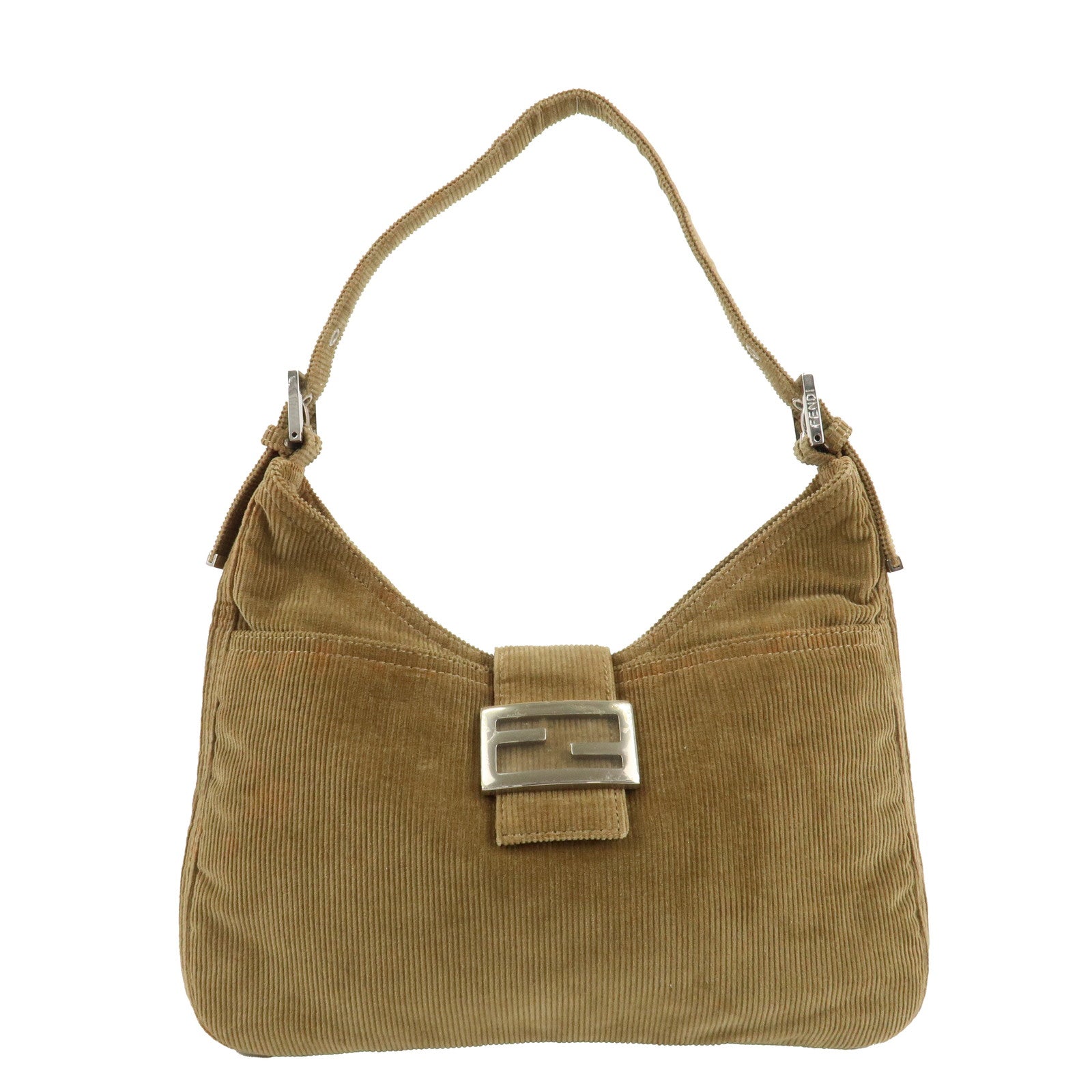 FENDI-Corduroy-Shoulder-Bag-Khaki-Silver-Hardware-26569