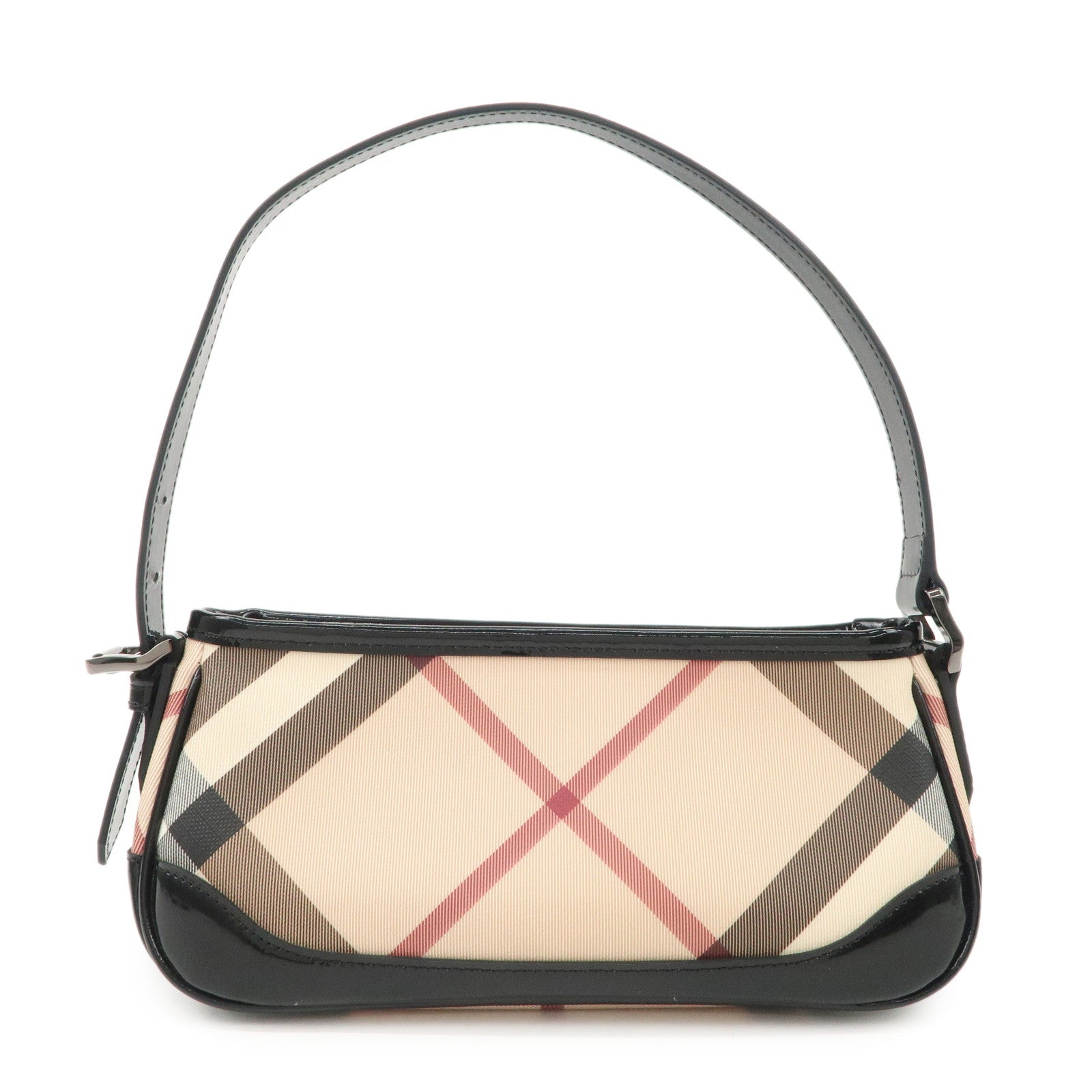 BURBERRY-PVC-Patent-Leather-Nova-Plaid-Shoulder-Bag-Black