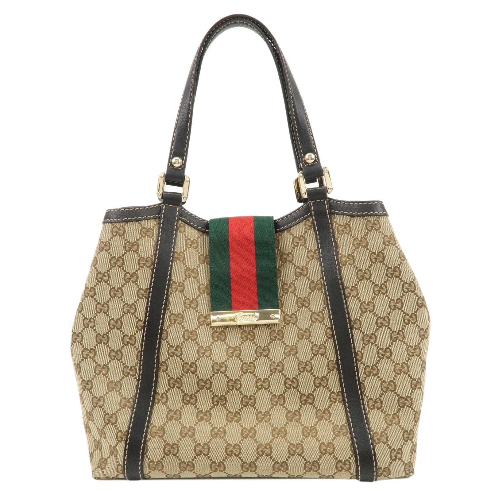 GUCCI-Sherry-GG-Canvas-Leather-Tote-Bag-Beige-Brown-233607