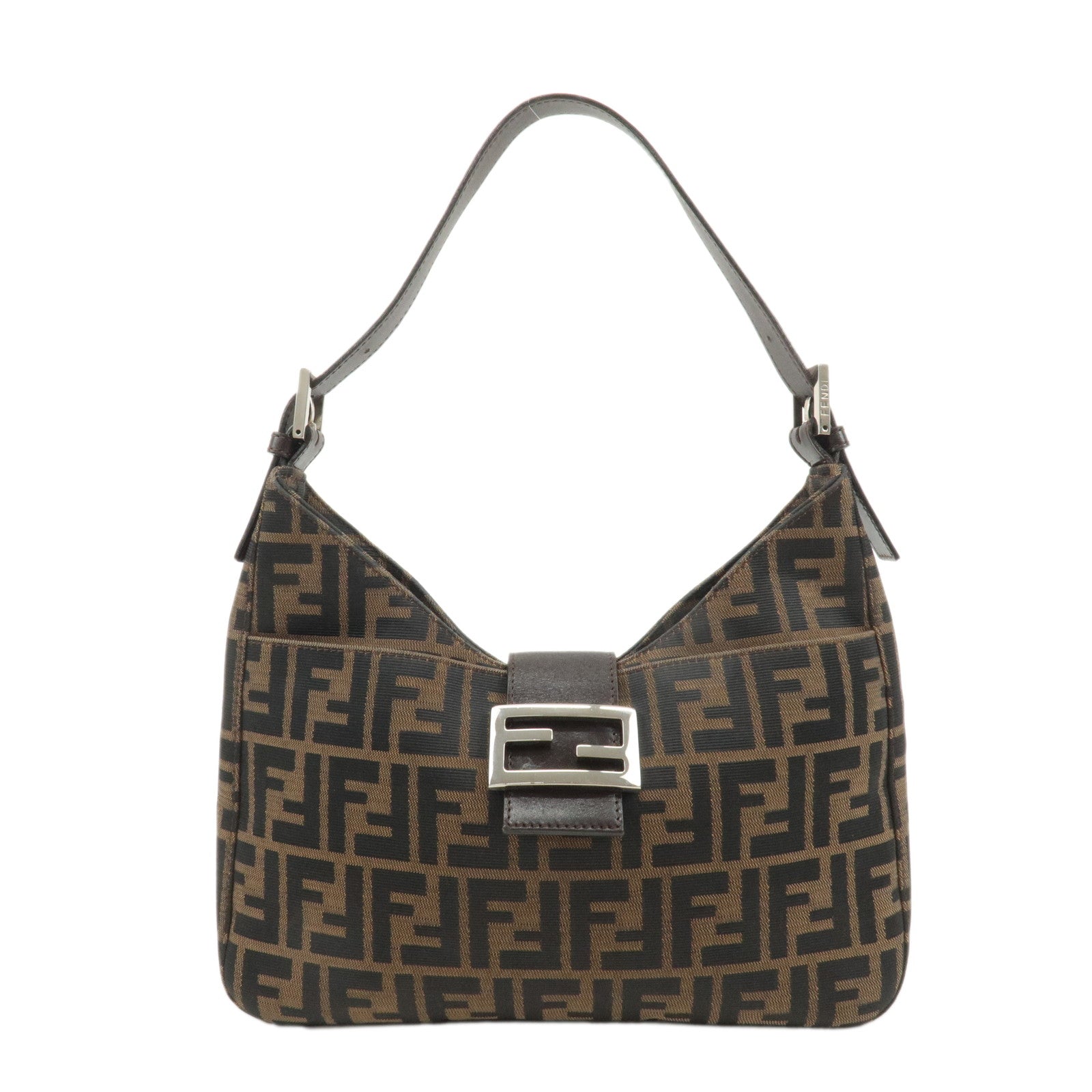 FENDI-Zucca-Canvas-Leather-Shoulder-Bag-Brown-Black-26569