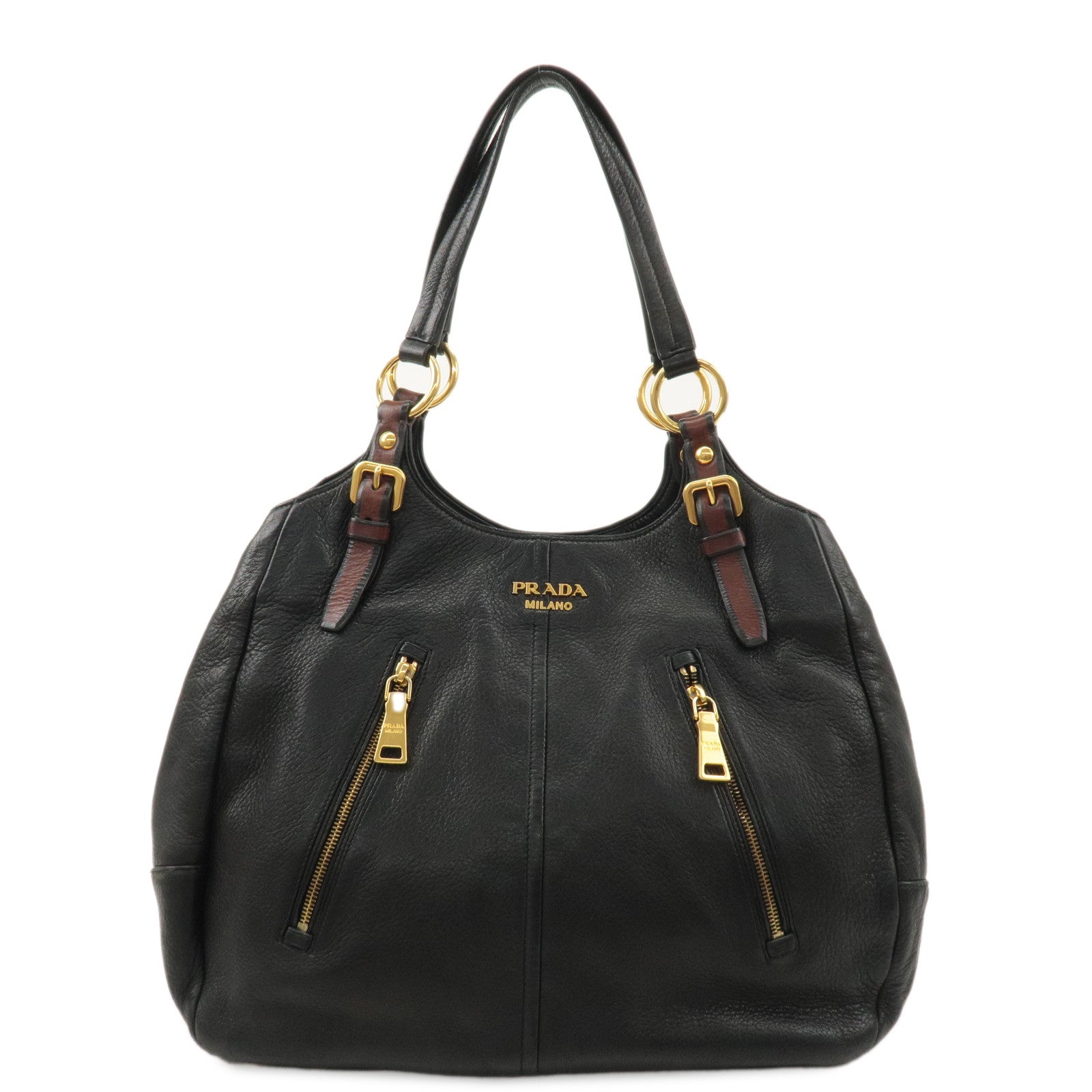 PRADA-Leather-Tote-Bag-Shoulder-Bag-Black-Brown