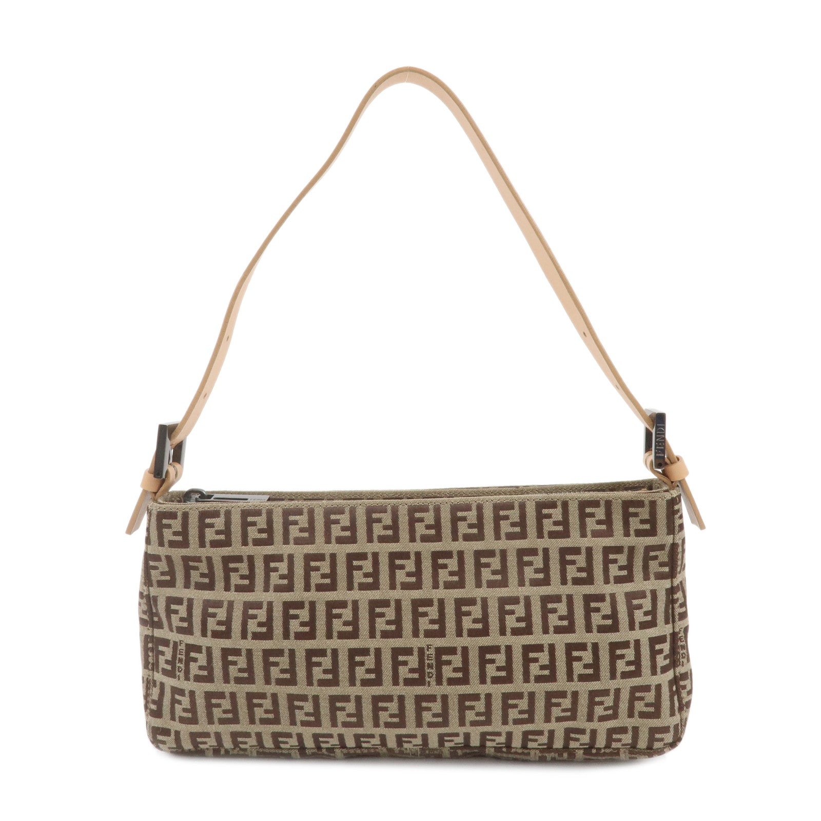 FENDI Zucchino Canvas Leather Shoulder Bag Beige Brown 8BR042