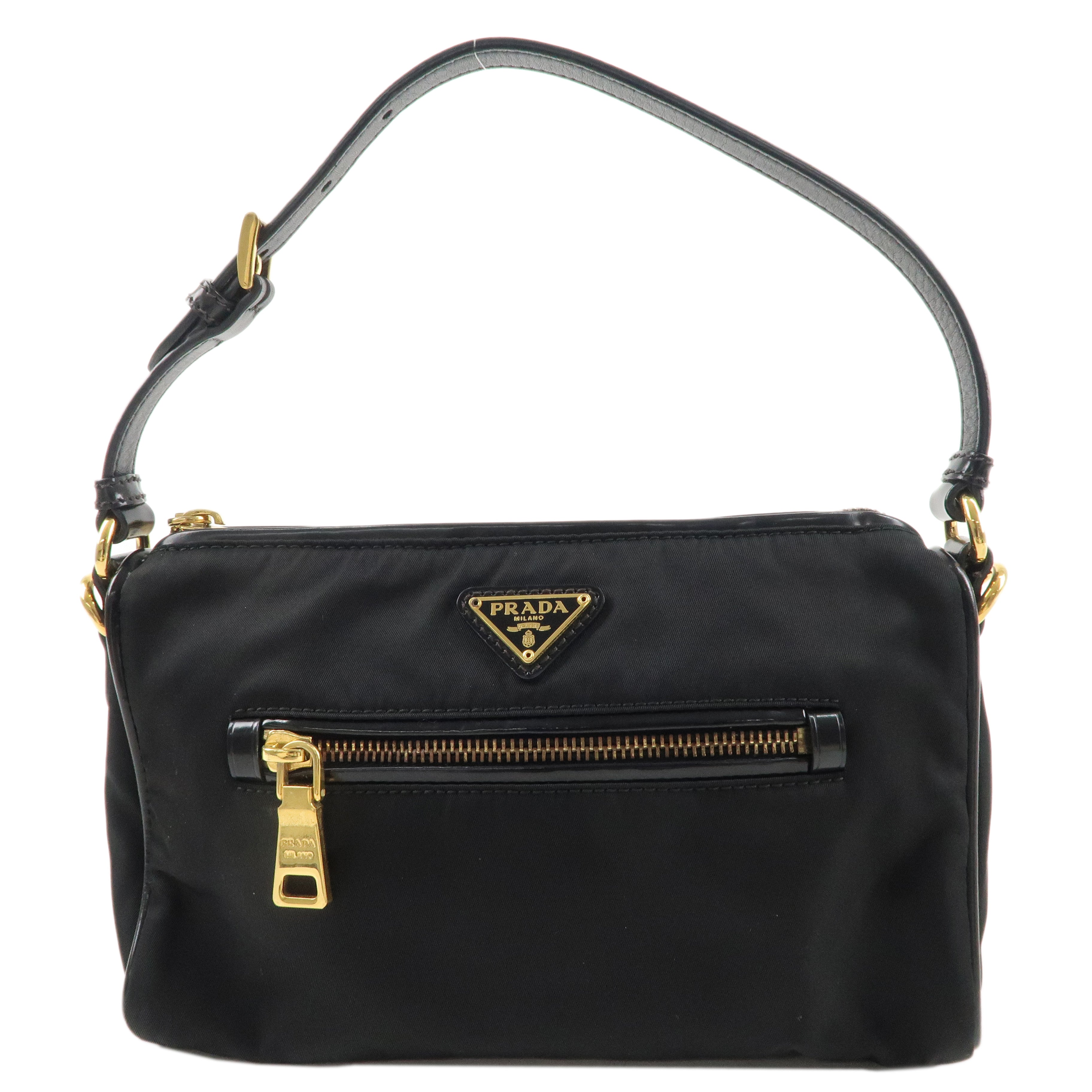 PRADA Logo Nylon Patent Leather Shoulder Bag Hand Bag Black