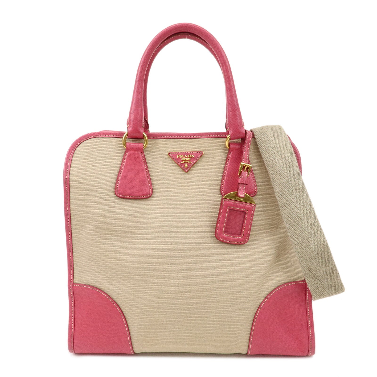 PRADA-Canvas-Leather-Triangle-Logo-2Way-Bag-Tote-Bag-BN2254